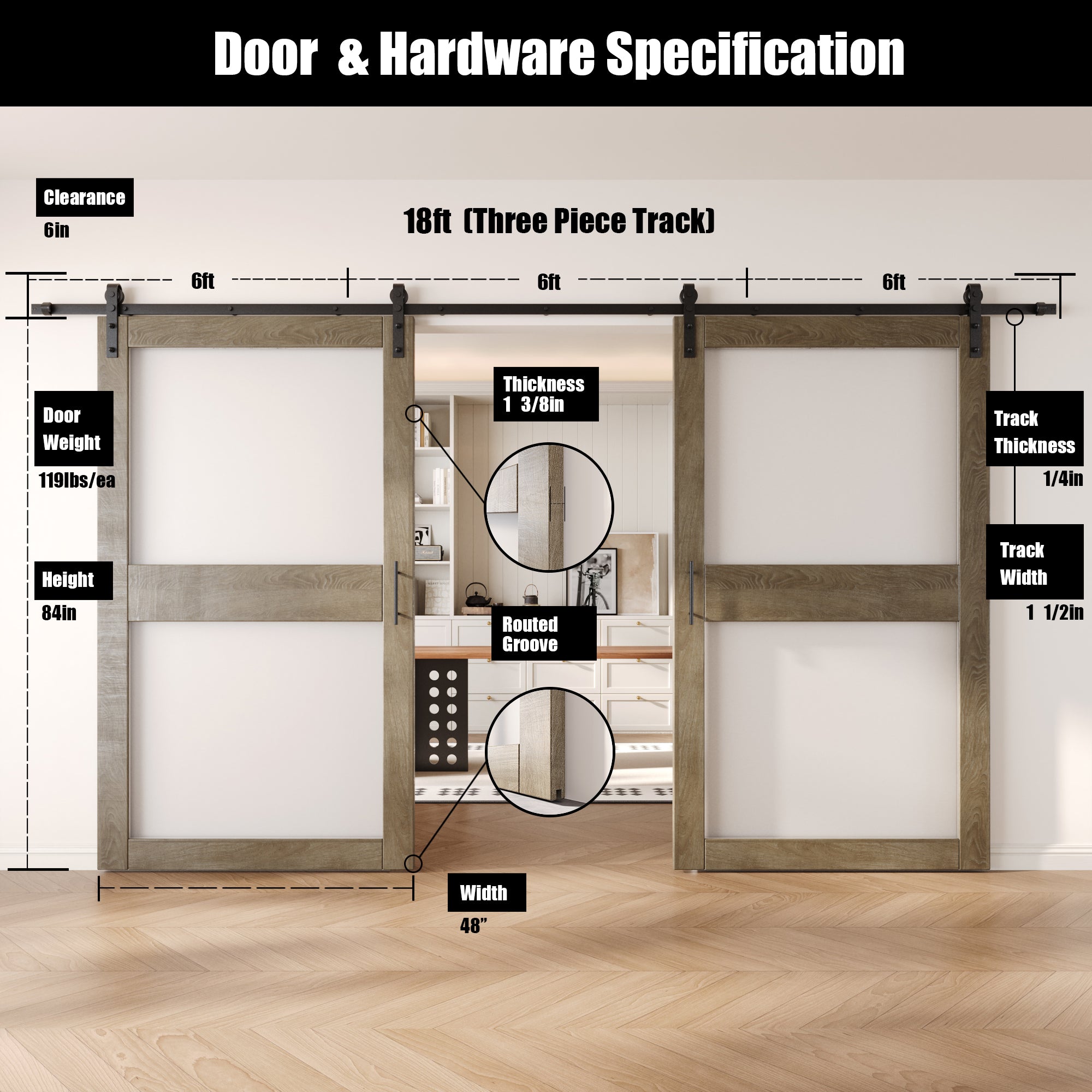 84" Height Classic Gray 2-Lite Frosted Glass Double Unassembled & Finished Pine Wood Barn Doors with Non-Bypass Installation Hardware Kit (Interior Use Only)