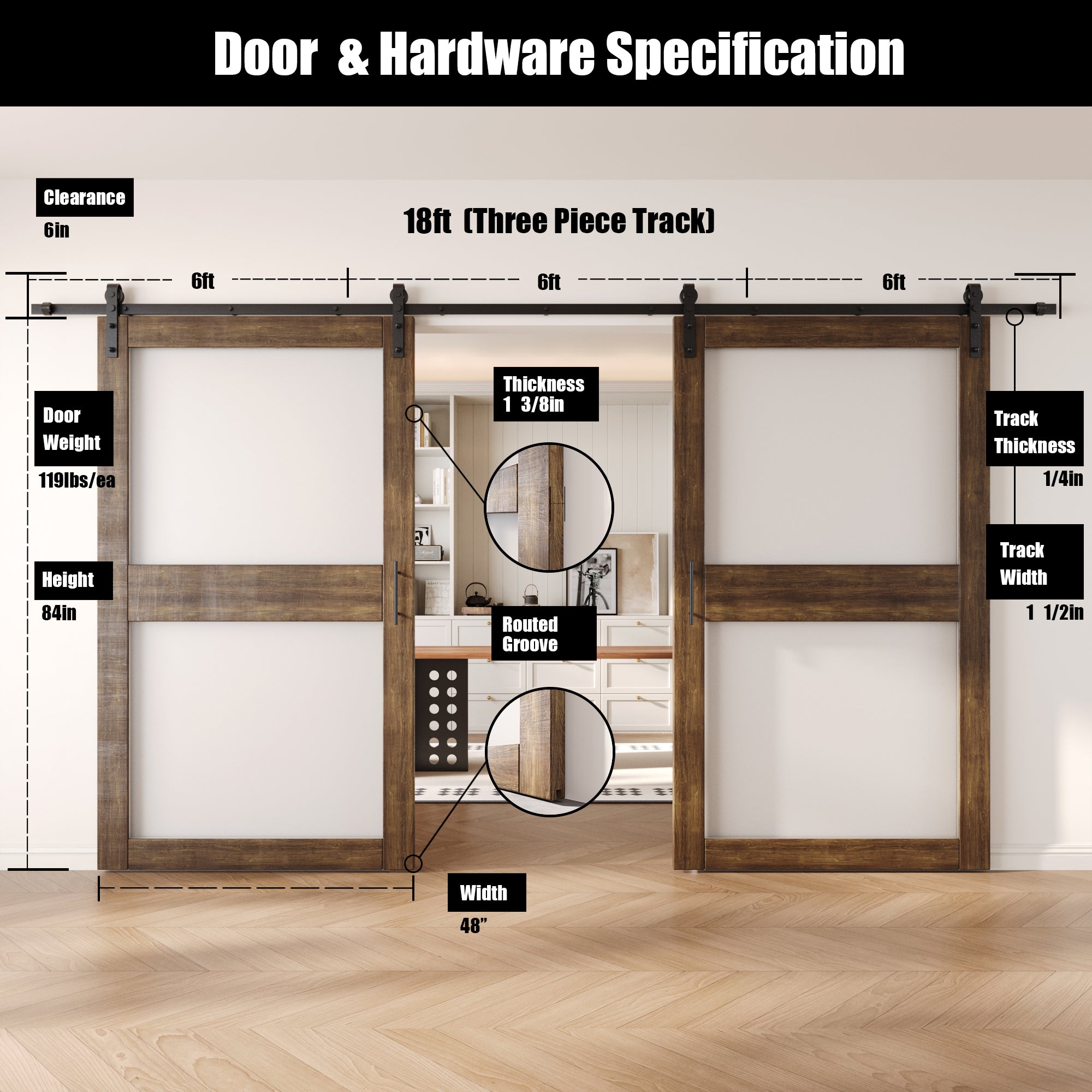 84" Height Dark Walnut 2-Lite Frosted Glass Double Unassembled & Finished Pine Wood Barn Doors with Non-Bypass Installation Hardware Kit (Interior Use Only)
