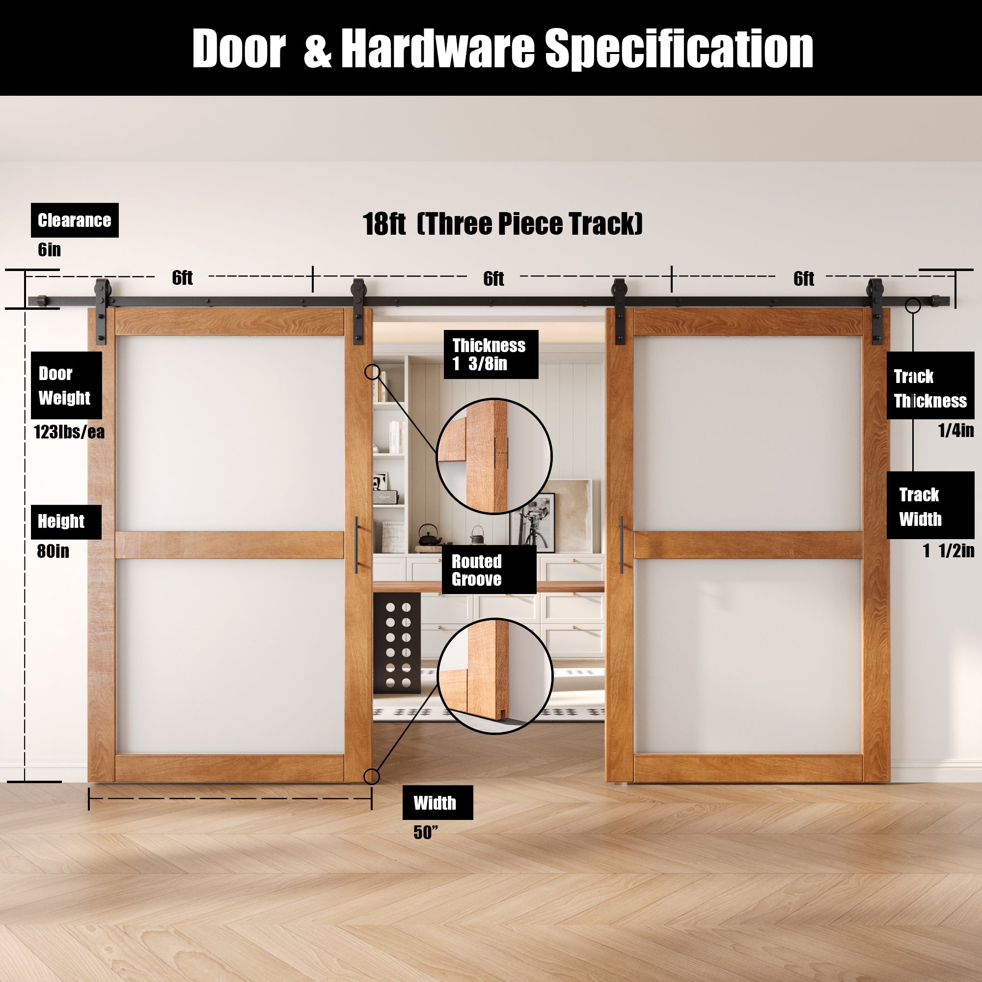 80" Height Early American 2-Lite Frosted Glass Double Unassembled & Finished Pine Wood Barn Doors with Non-Bypass Installation Hardware Kit (Interior Use Only)