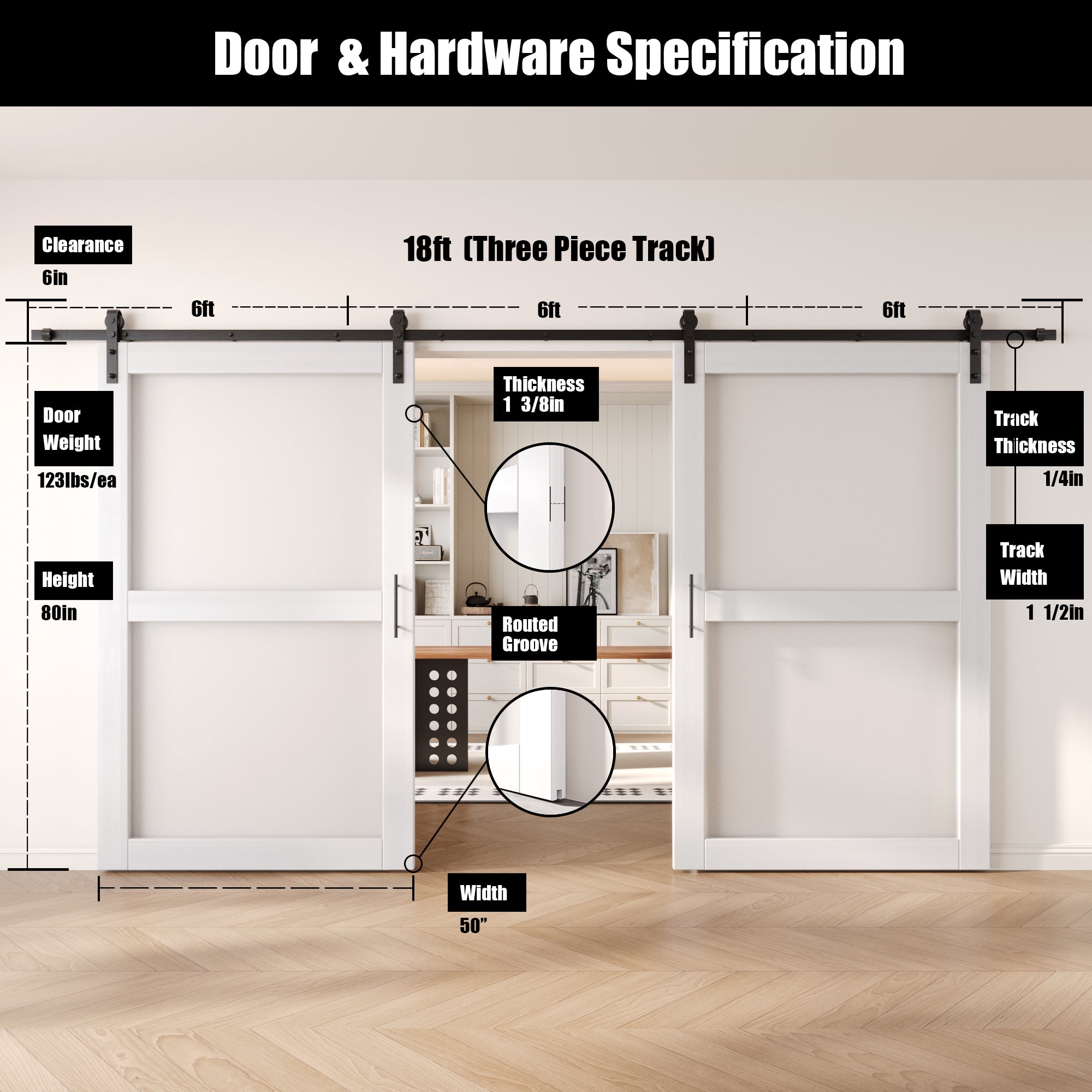 80" Height White 2-Lite Frosted Glass Double Unassembled & Finished Pine Wood Barn Doors with Non-Bypass Installation Hardware Kit (Interior Use Only)