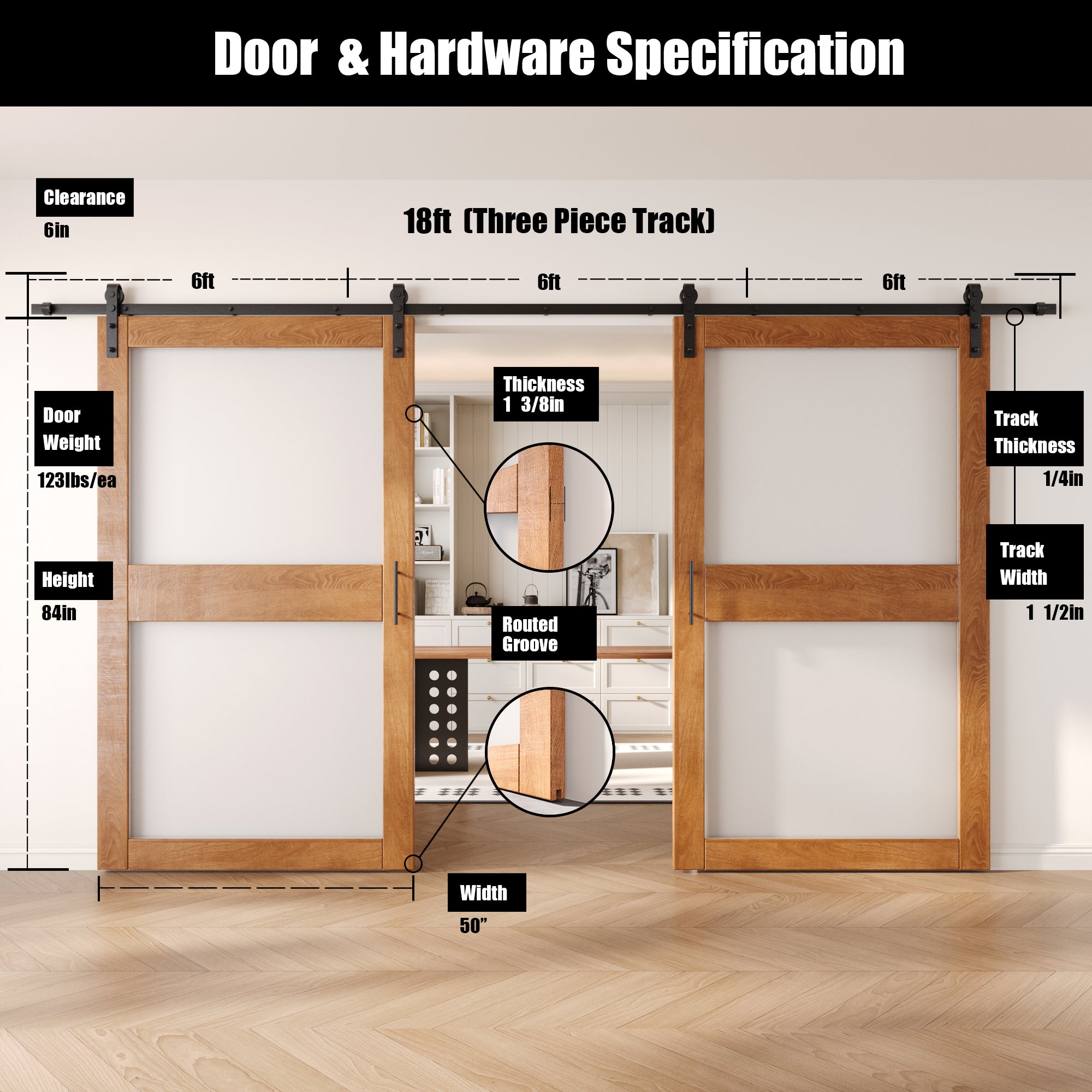 84" Height Early American 2-Lite Frosted Glass Double Unassembled & Finished Pine Wood Barn Doors with Non-Bypass Installation Hardware Kit (Interior Use Only)