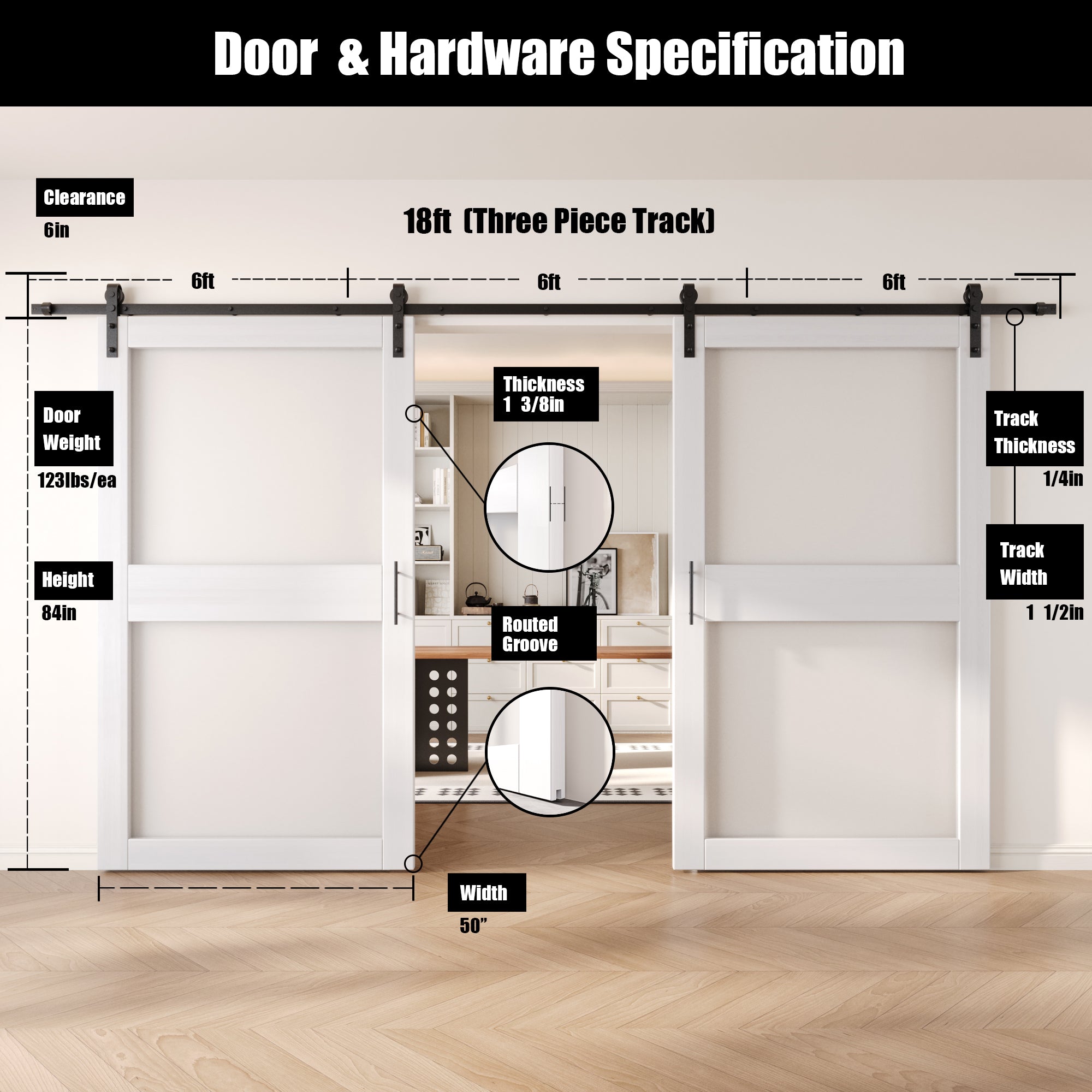 84" Height White 2-Lite Frosted Glass Double Unassembled & Finished Pine Wood Barn Doors with Non-Bypass Installation Hardware Kit (Interior Use Only)
