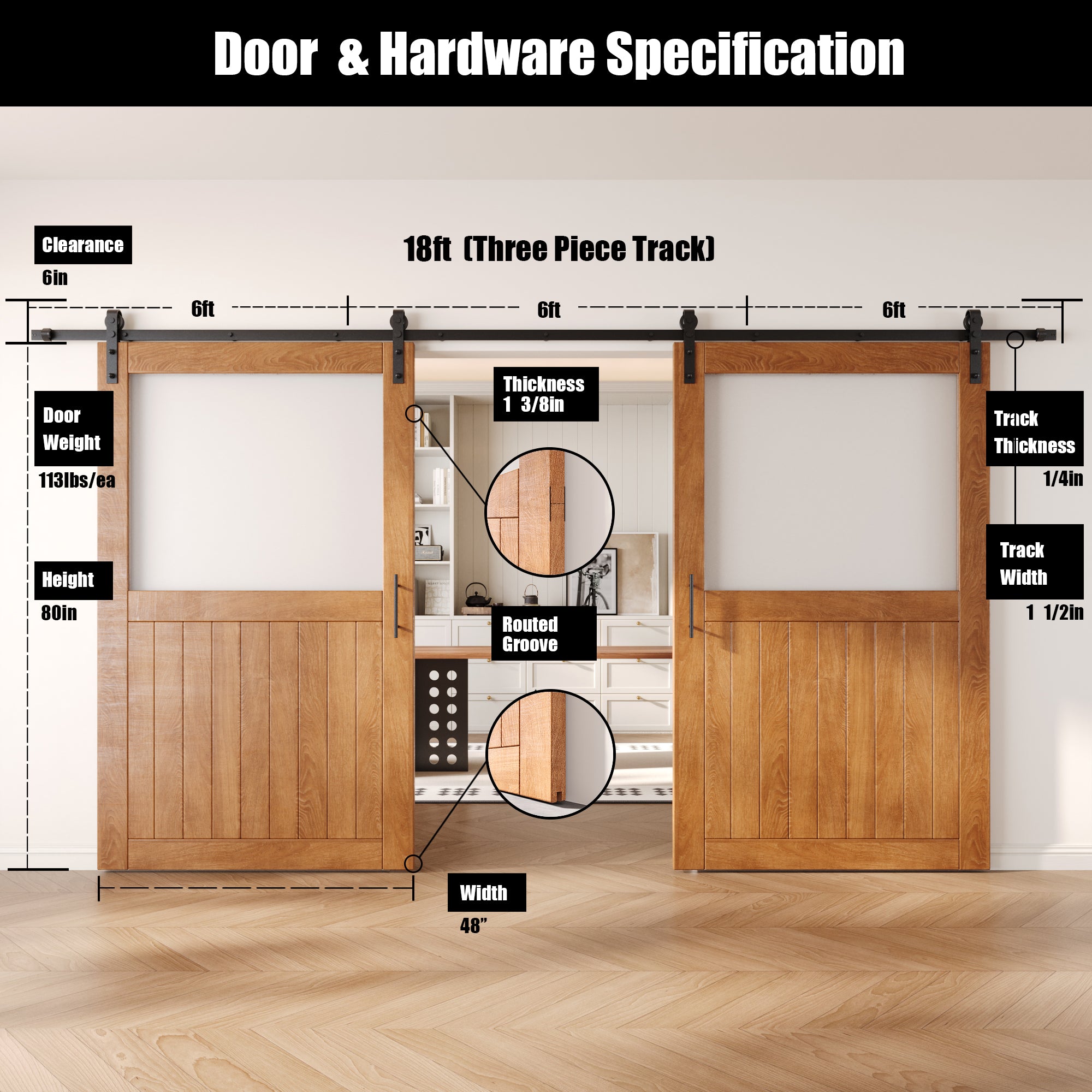 80" Height Early American Half Lite Frosted Glass Double Unassembled & Finished Pine Wood Barn Door with Non-Bypass Installation Hardware Kit (Interior Use Only)