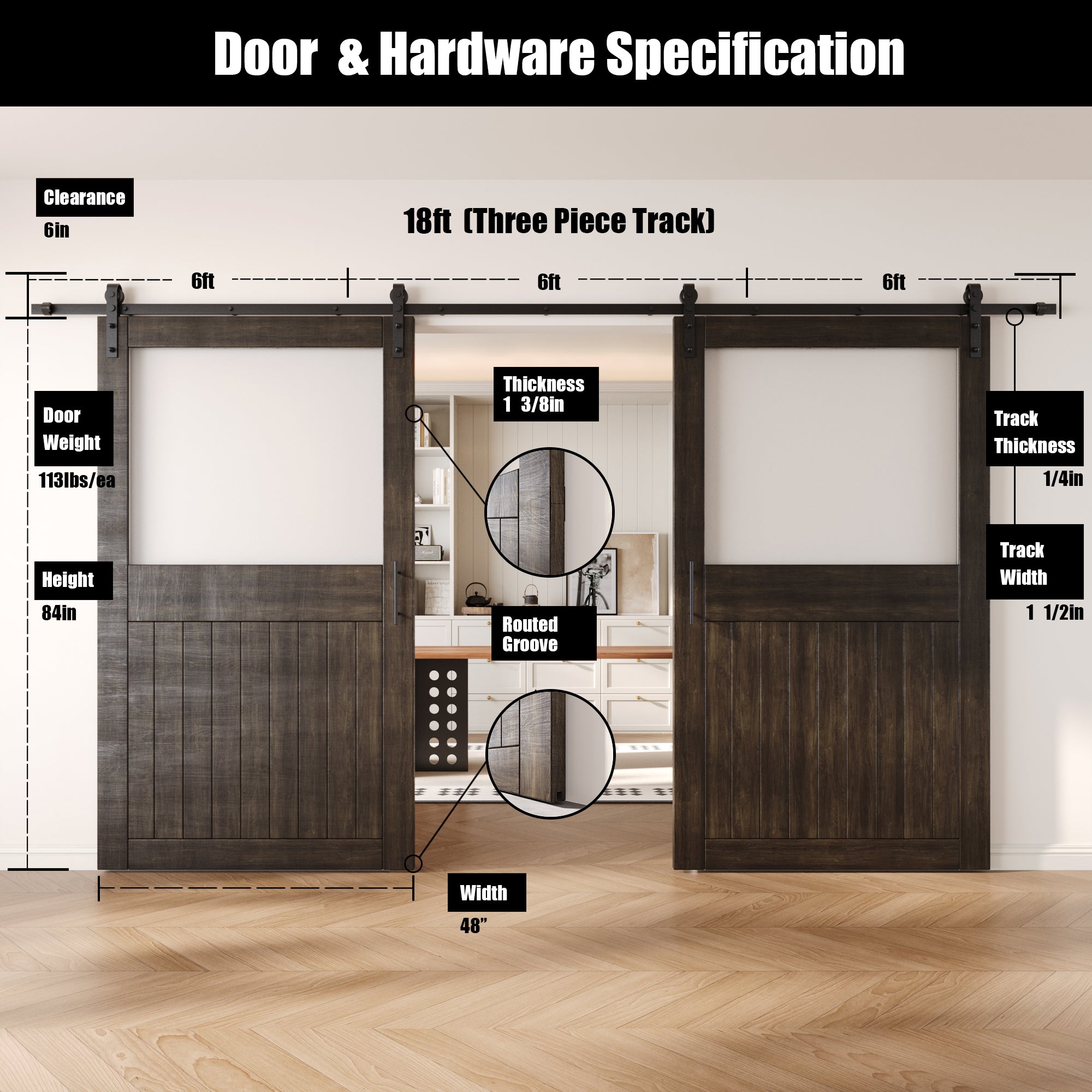 84" Height Ebony Half Lite Frosted Glass Double Unassembled & Finished Pine Wood Barn Door with Non-Bypass Installation Hardware Kit (Interior Use Only)