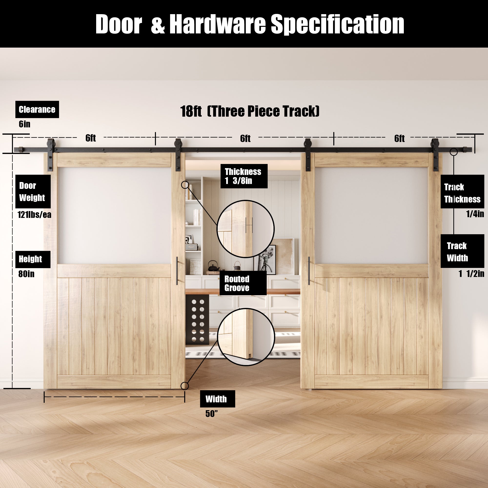 80" Height Half Lite Frosted Glass Double Unassembled & Unfinished Pine Wood Barn Door with Non-Bypass Installation Hardware Kit (Interior Use Only)