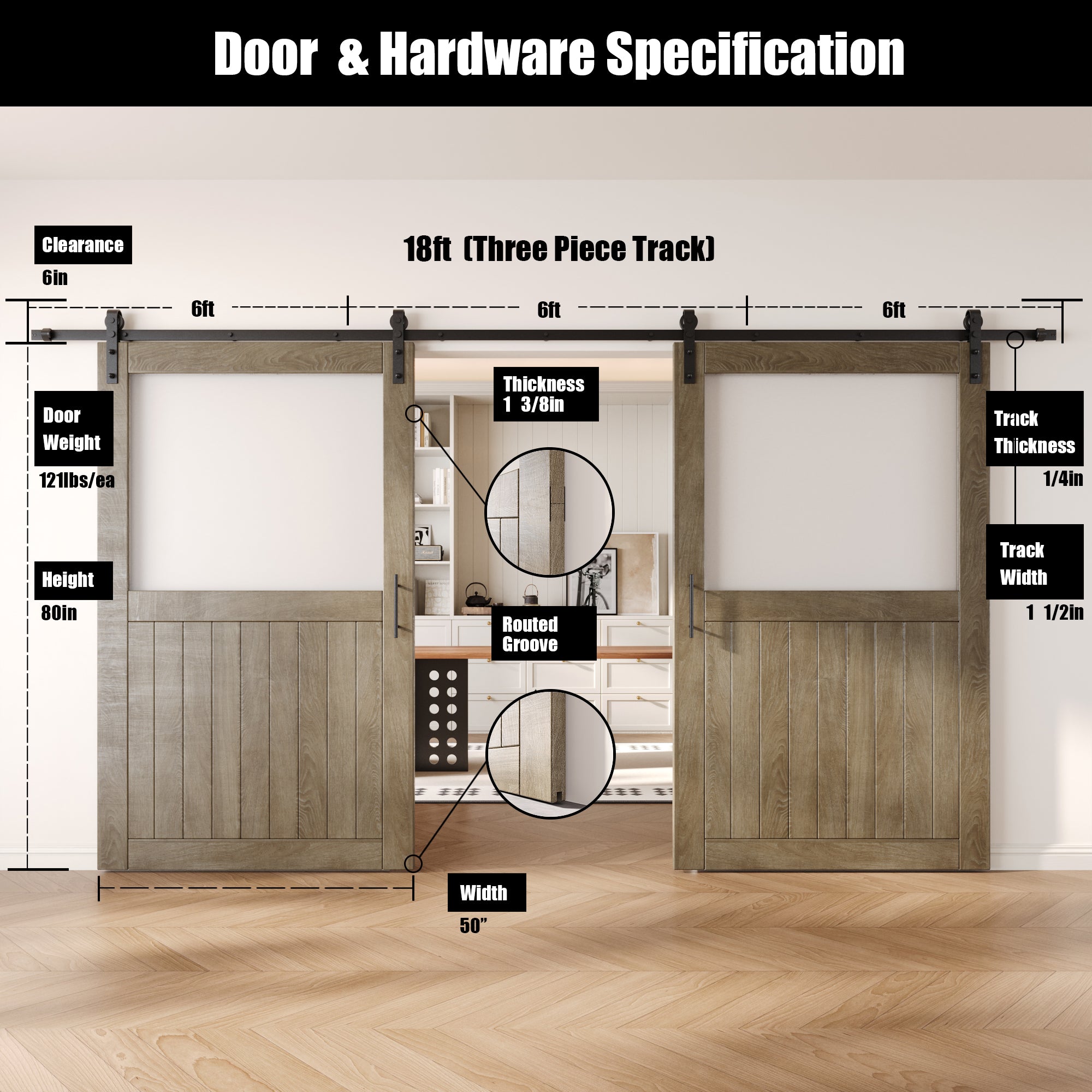 80" Height Classic Gray Half Lite Frosted Glass Double Unassembled & Finished Pine Wood Barn Door with Non-Bypass Installation Hardware Kit (Interior Use Only)