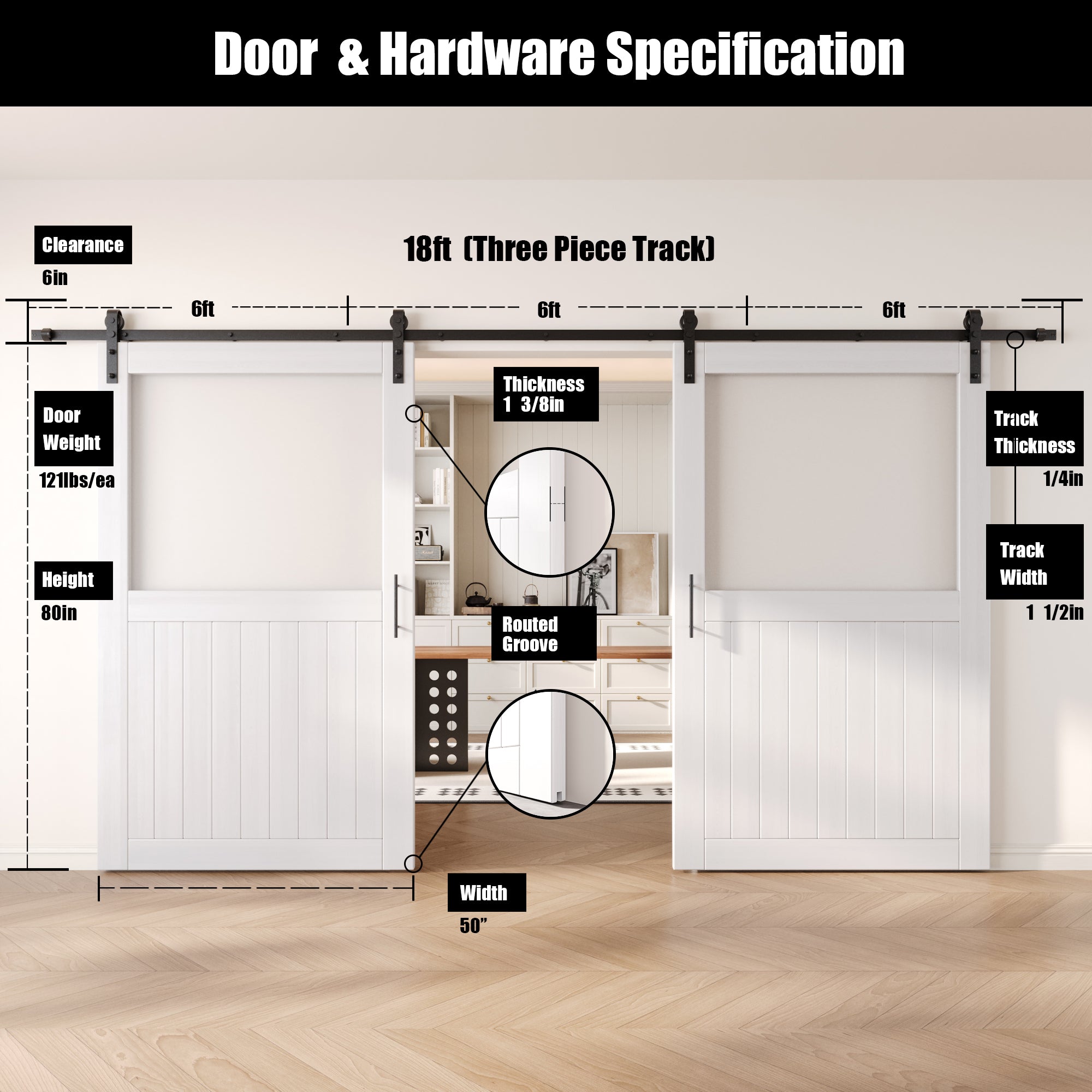 80" Height White Half Lite Frosted Glass Double Unassembled & Finished Pine Wood Barn Door with Non-Bypass Installation Hardware Kit (Interior Use Only)