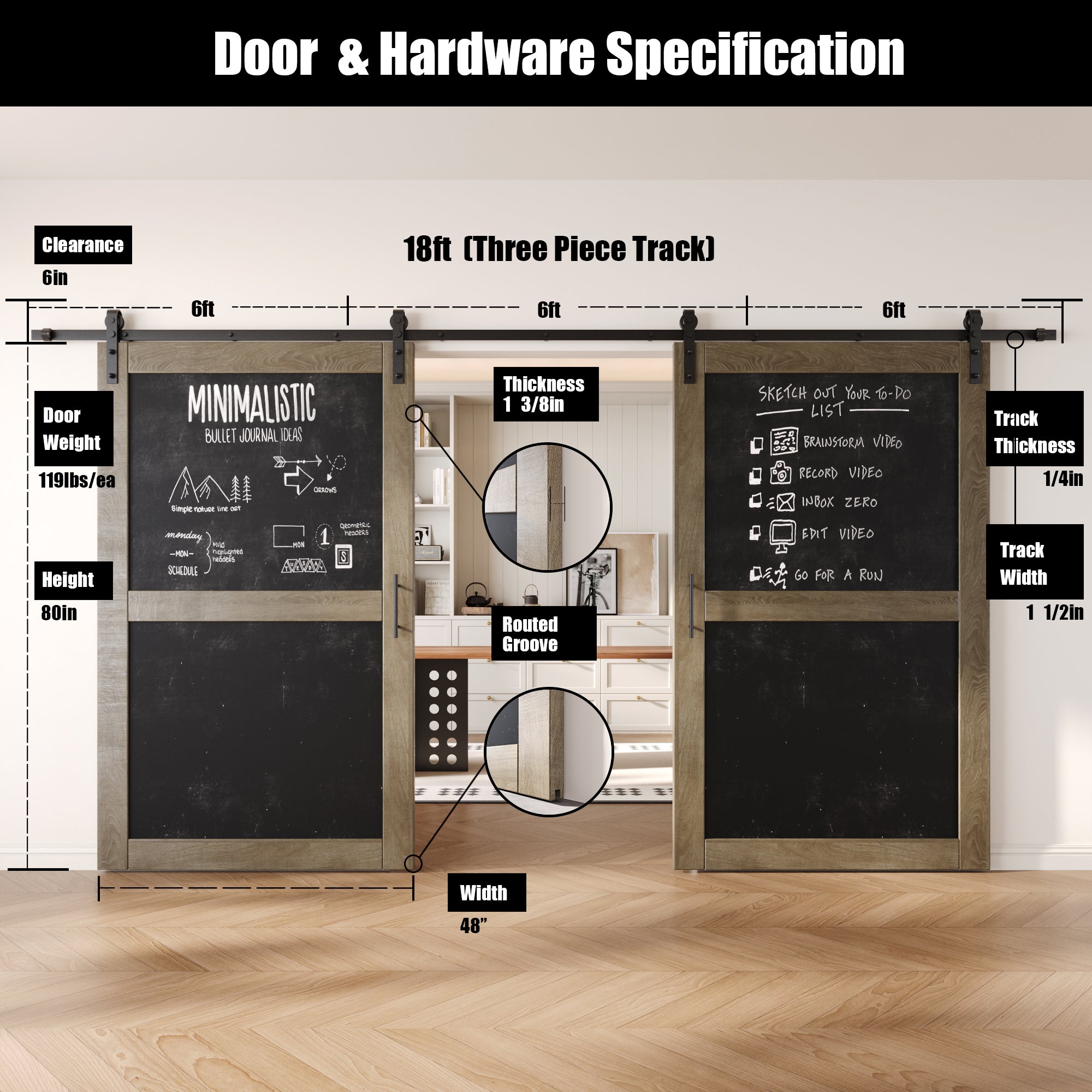 80" Height Classic Gray Chalkboard Design Double Unassembled & Finished Pine Wood Barn Doors with Non-Bypass Installation Hardware Kit (Interior Use Only)