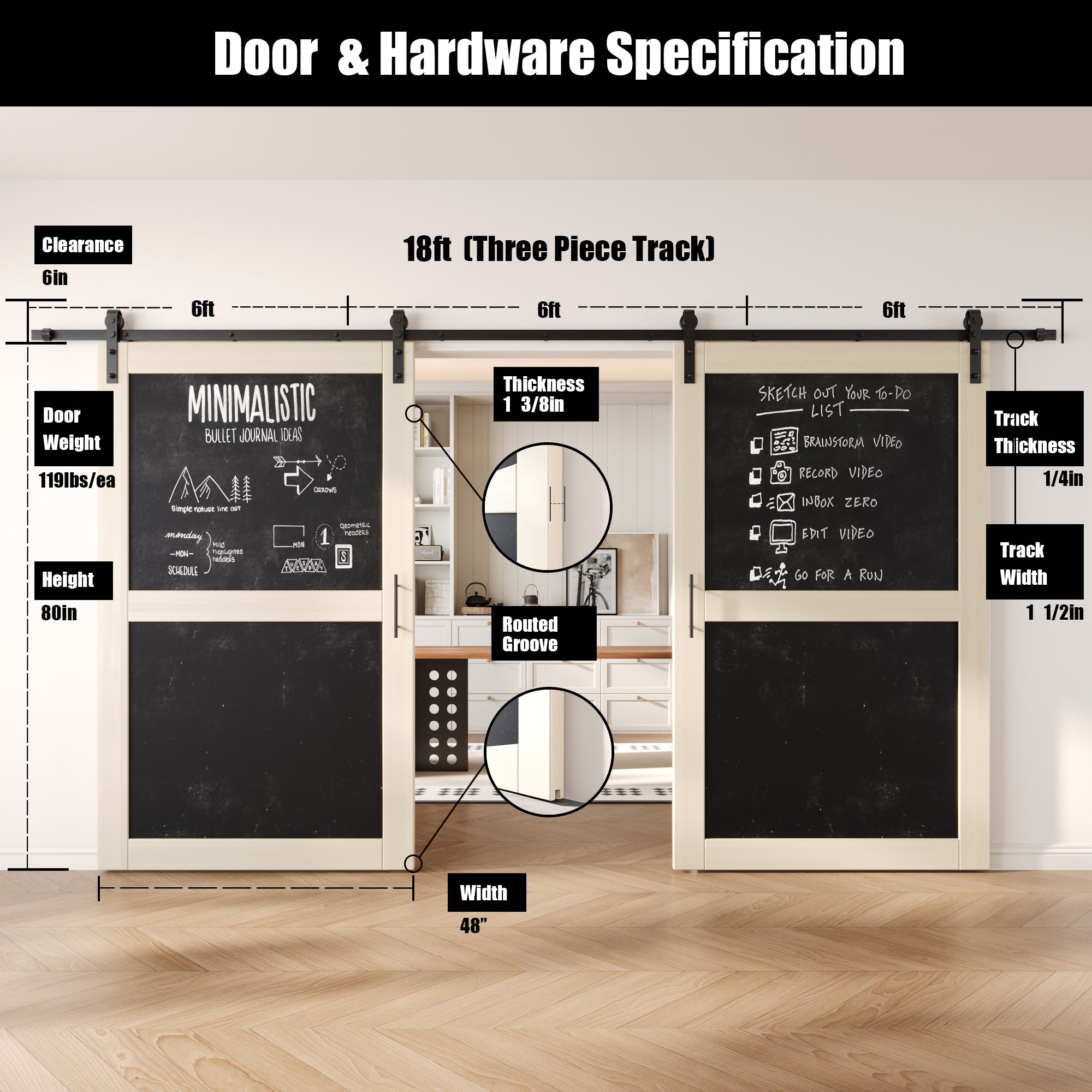 80" Height Tinsmith Gray Chalkboard Design Double Unassembled & Finished Pine Wood Barn Doors with Non-Bypass Installation Hardware Kit (Interior Use Only)