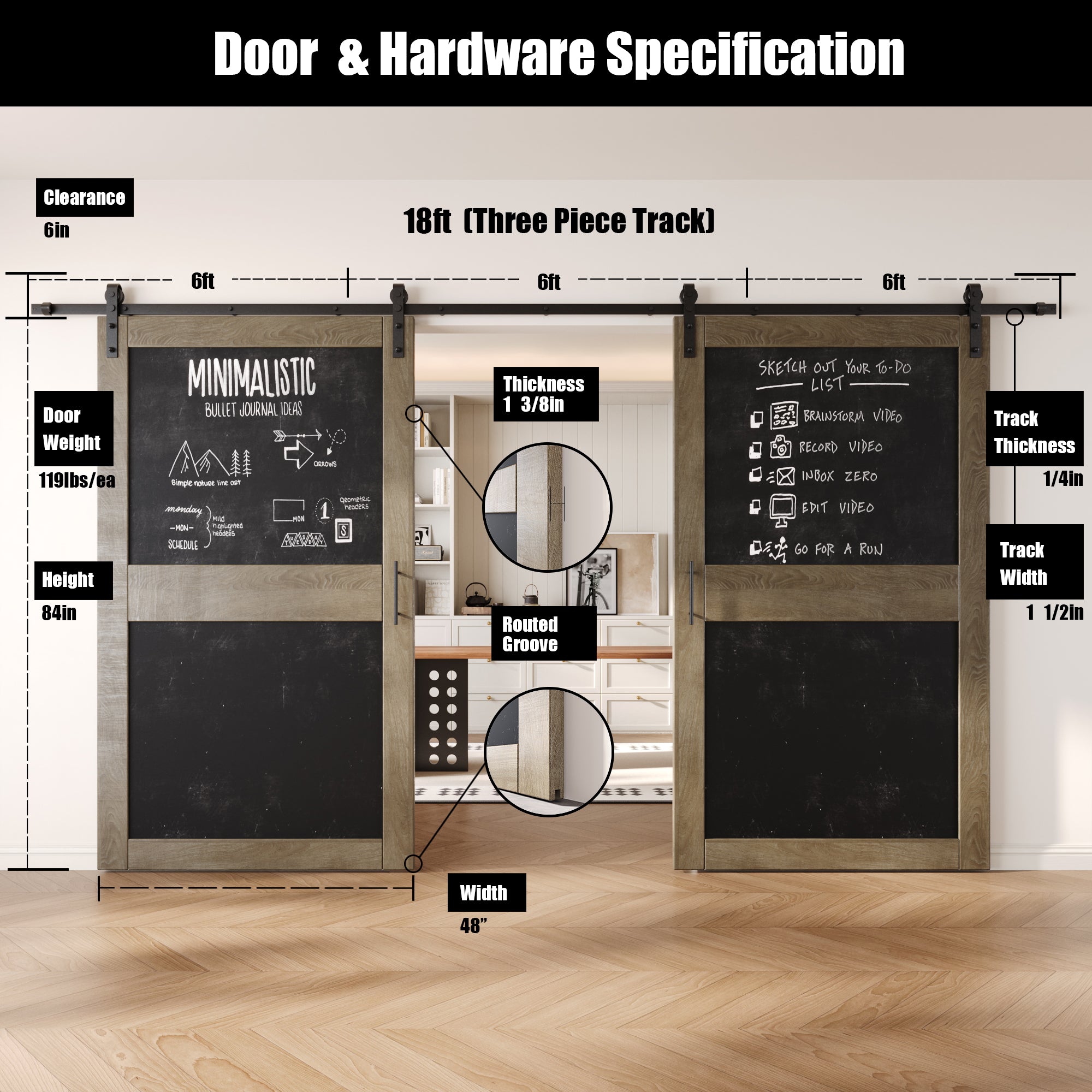 84" Height Classic Gray Chalkboard Design Double Unassembled & Finished Pine Wood Barn Doors with Non-Bypass Installation Hardware Kit (Interior Use Only)