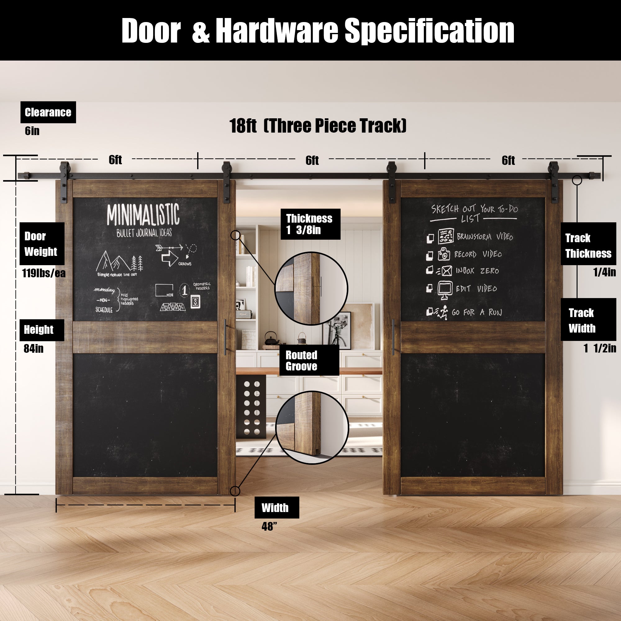 84" Height Dark Walnut Chalkboard Design Double Unassembled & Finished Pine Wood Barn Doors with Non-Bypass Installation Hardware Kit (Interior Use Only)