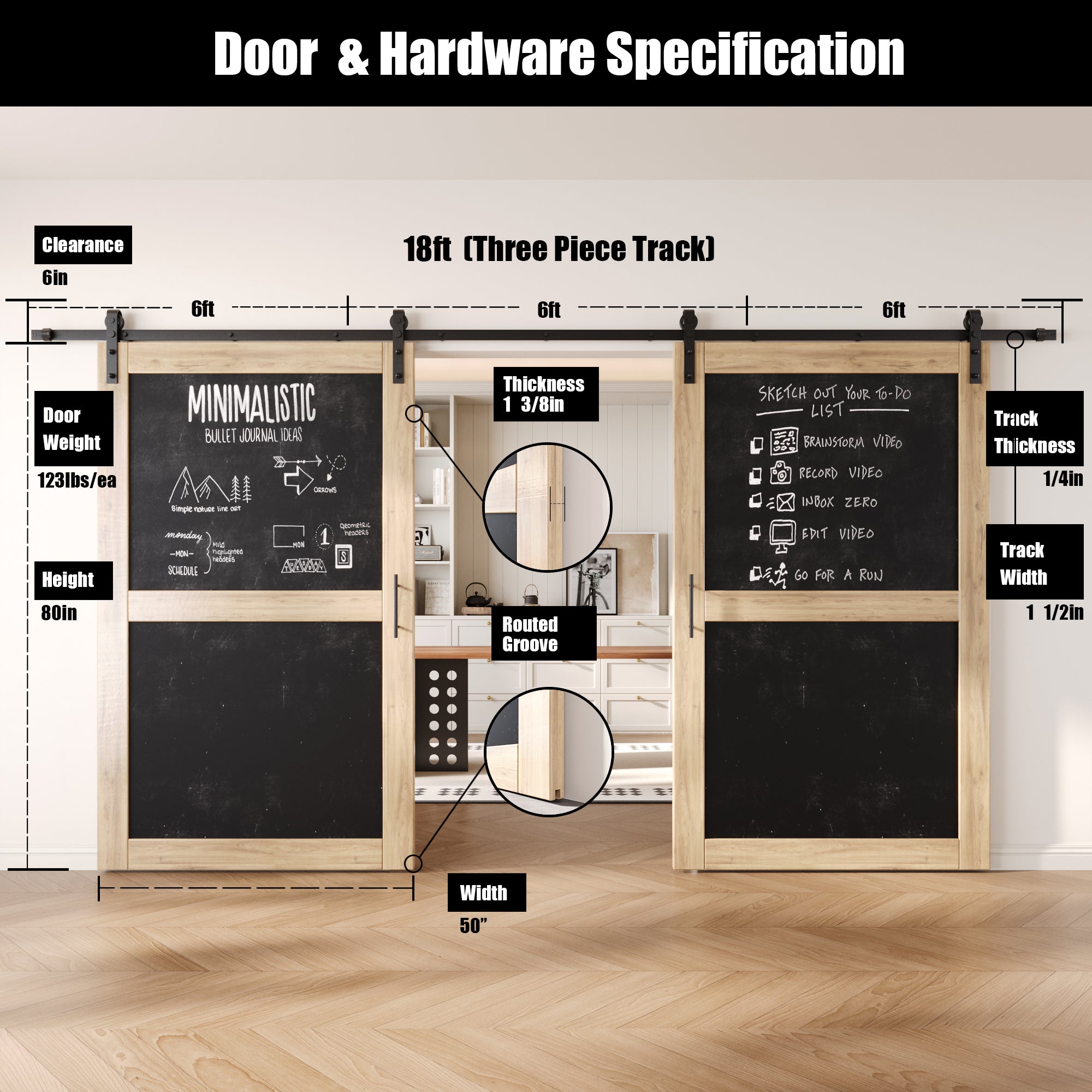 80" Height Chalkboard Design Double Unassembled & Unfinished Pine Wood Barn Doors with Non-Bypass Installation Hardware Kit (Interior Use Only)