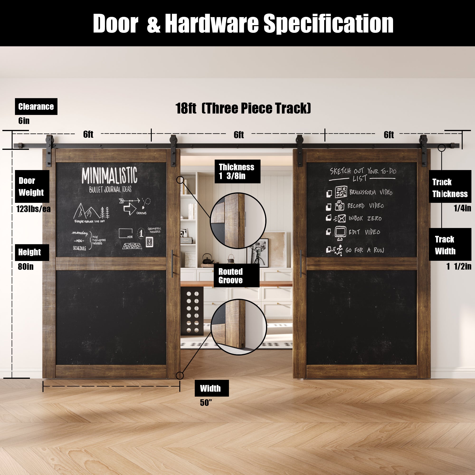 80" Height Dark Walnut Chalkboard Design Double Unassembled & Finished Pine Wood Barn Doors with Non-Bypass Installation Hardware Kit (Interior Use Only)