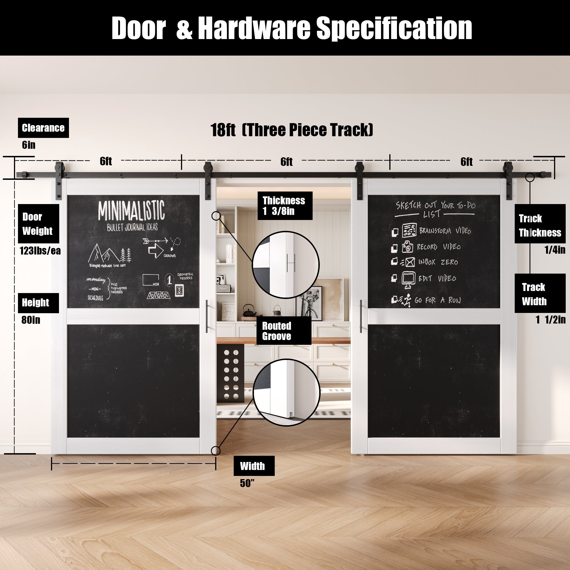 80" Height White Chalkboard Design Double Unassembled & Finished Pine Wood Barn Doors with Non-Bypass Installation Hardware Kit (Interior Use Only)