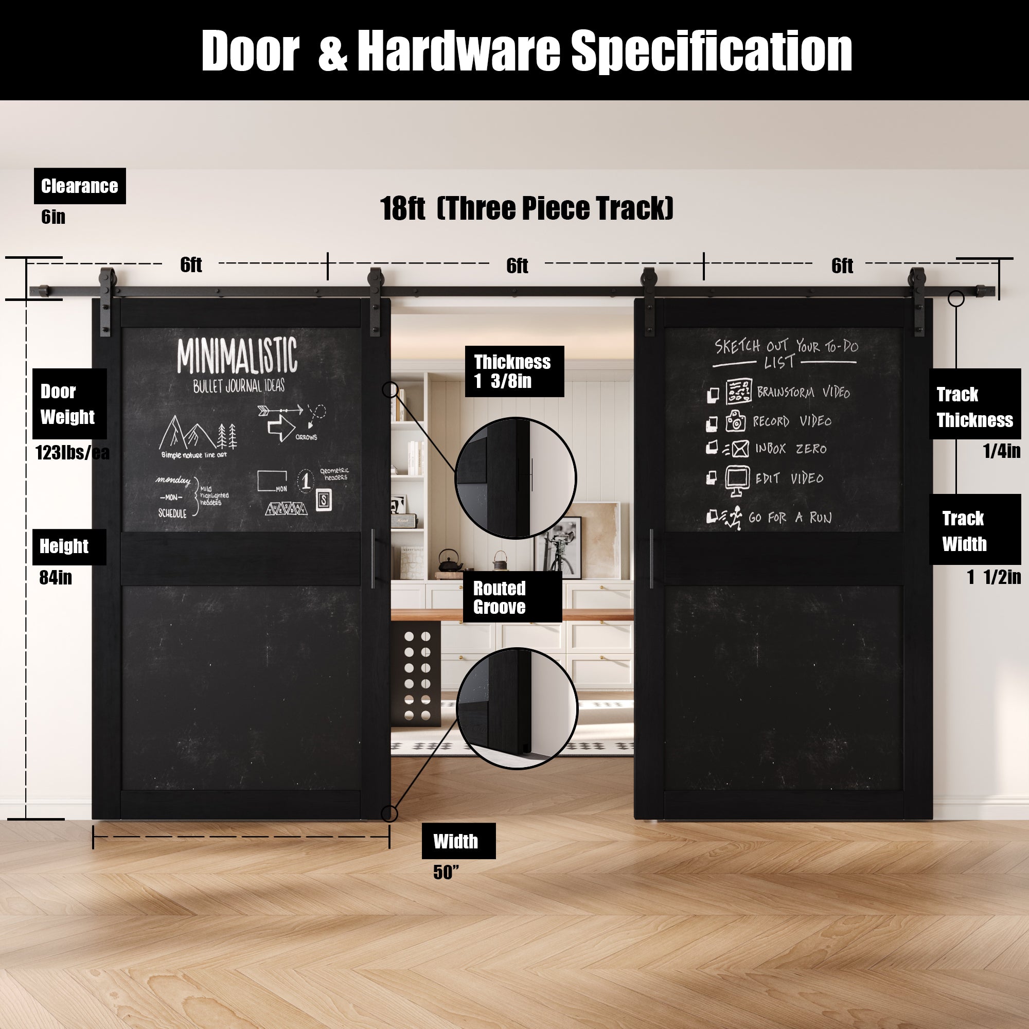 84" Height Black Chalkboard Design Double Unassembled & Finished Pine Wood Barn Doors with Non-Bypass Installation Hardware Kit (Interior Use Only)