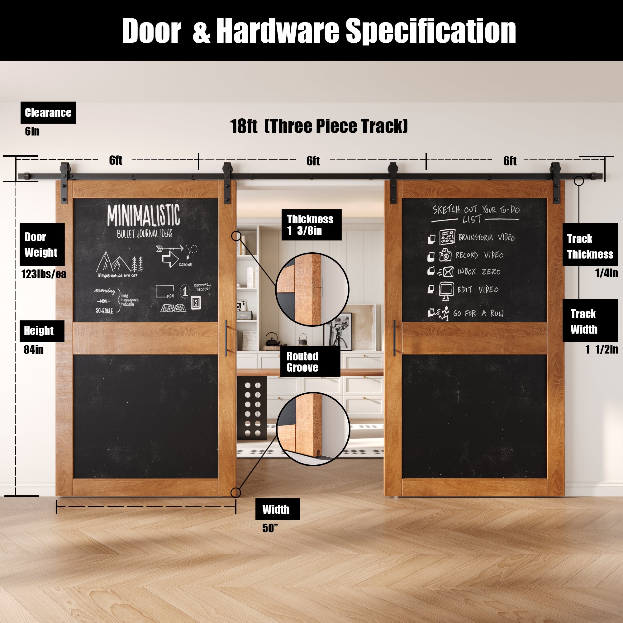 84" Height Early American Chalkboard Design Double Unassembled & Finished Pine Wood Barn Doors with Non-Bypass Installation Hardware Kit (Interior Use Only)