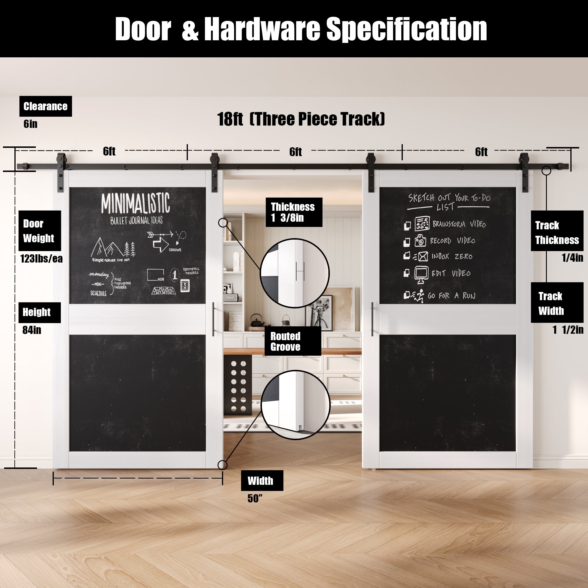 84" Height White Chalkboard Design Double Unassembled & Finished Pine Wood Barn Doors with Non-Bypass Installation Hardware Kit (Interior Use Only)