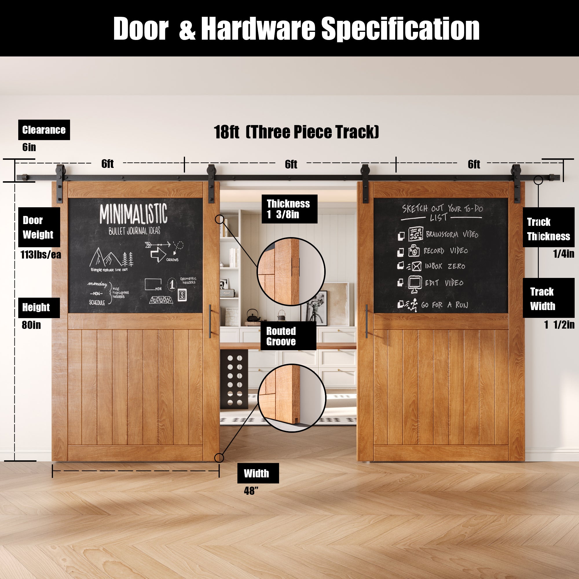 80" Height Early American Top Chalkboard Panel Double Unassembled & Finished Pine Wood Barn Doors with Non-Bypass Installation Hardware Kit (Interior Use Only)