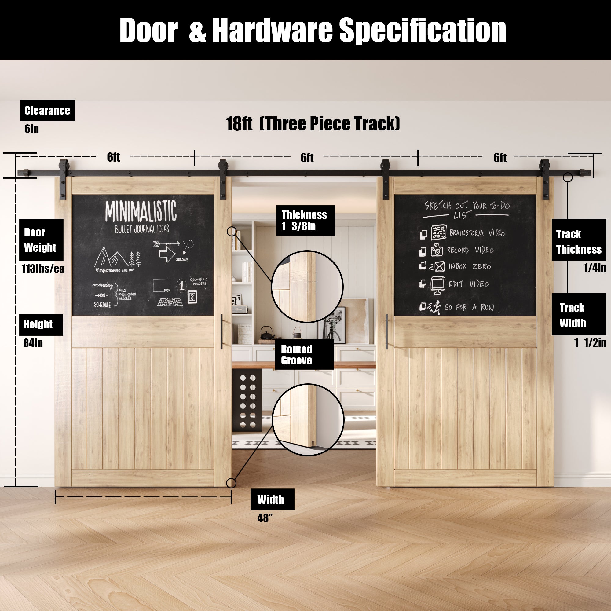 84" Height Top Chalkboard Panel Double Unassembled & Unfinished Pine Wood Barn Doors with Non-Bypass Installation Hardware Kit (Interior Use Only)