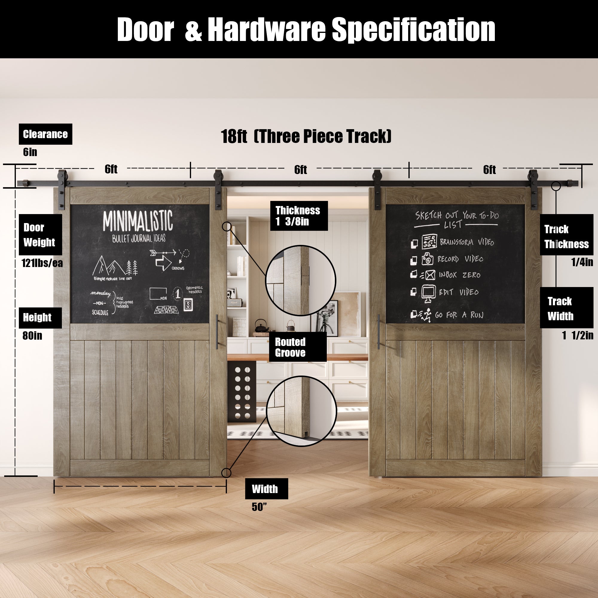 80" Height Classic Gray Top Chalkboard Panel Double Unassembled & Finished Pine Wood Barn Doors with Non-Bypass Installation Hardware Kit (Interior Use Only)