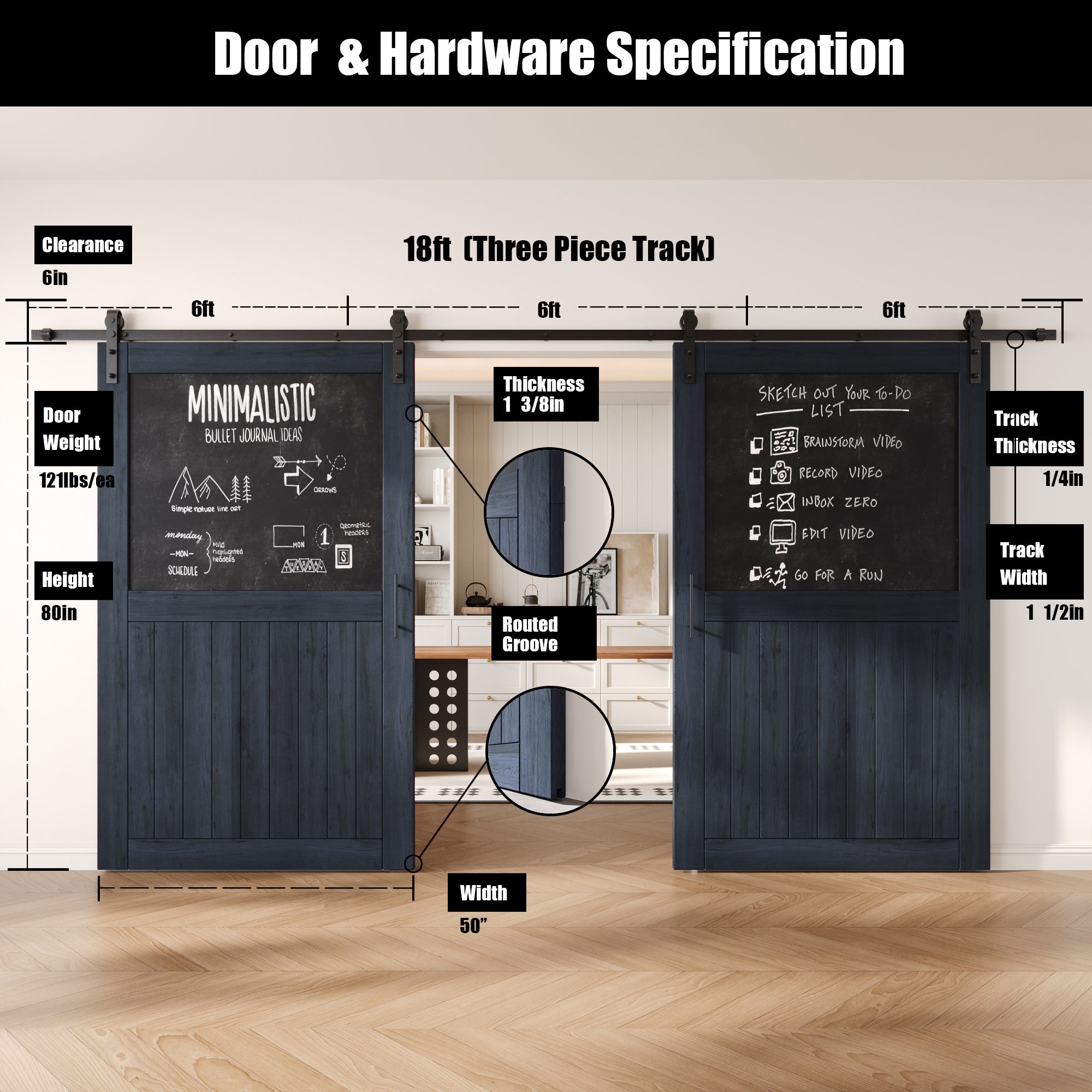 80" Height Navy Top Chalkboard Panel Double Unassembled & Finished Pine Wood Barn Doors with Non-Bypass Installation Hardware Kit (Interior Use Only)