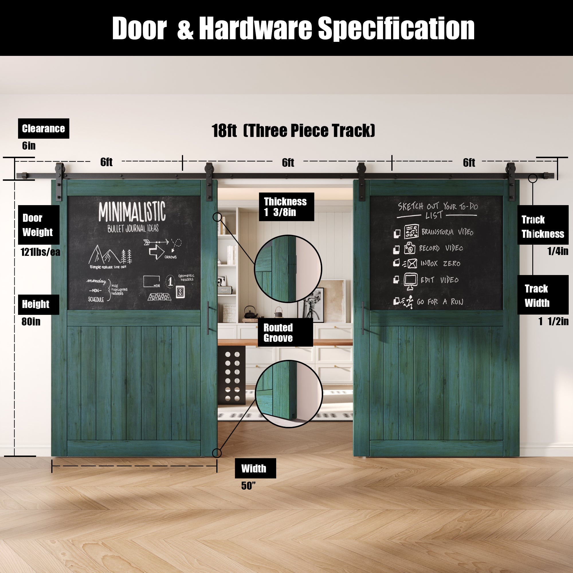 80" Height Royal Pine Top Chalkboard Panel Double Unassembled & Finished Pine Wood Barn Doors with Non-Bypass Installation Hardware Kit (Interior Use Only)