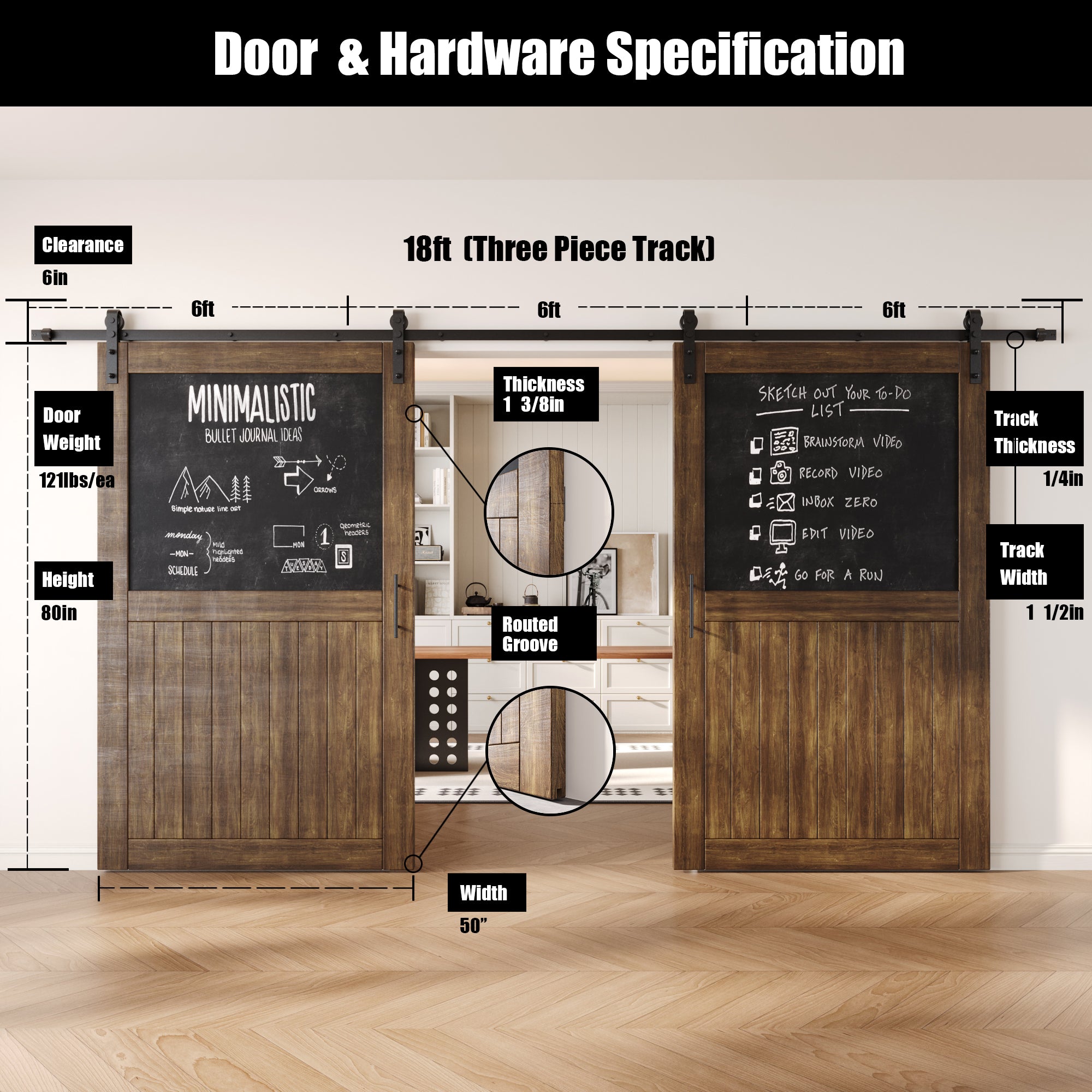 80" Height Dark Walnut Top Chalkboard Panel Double Unassembled & Finished Pine Wood Barn Doors with Non-Bypass Installation Hardware Kit (Interior Use Only)