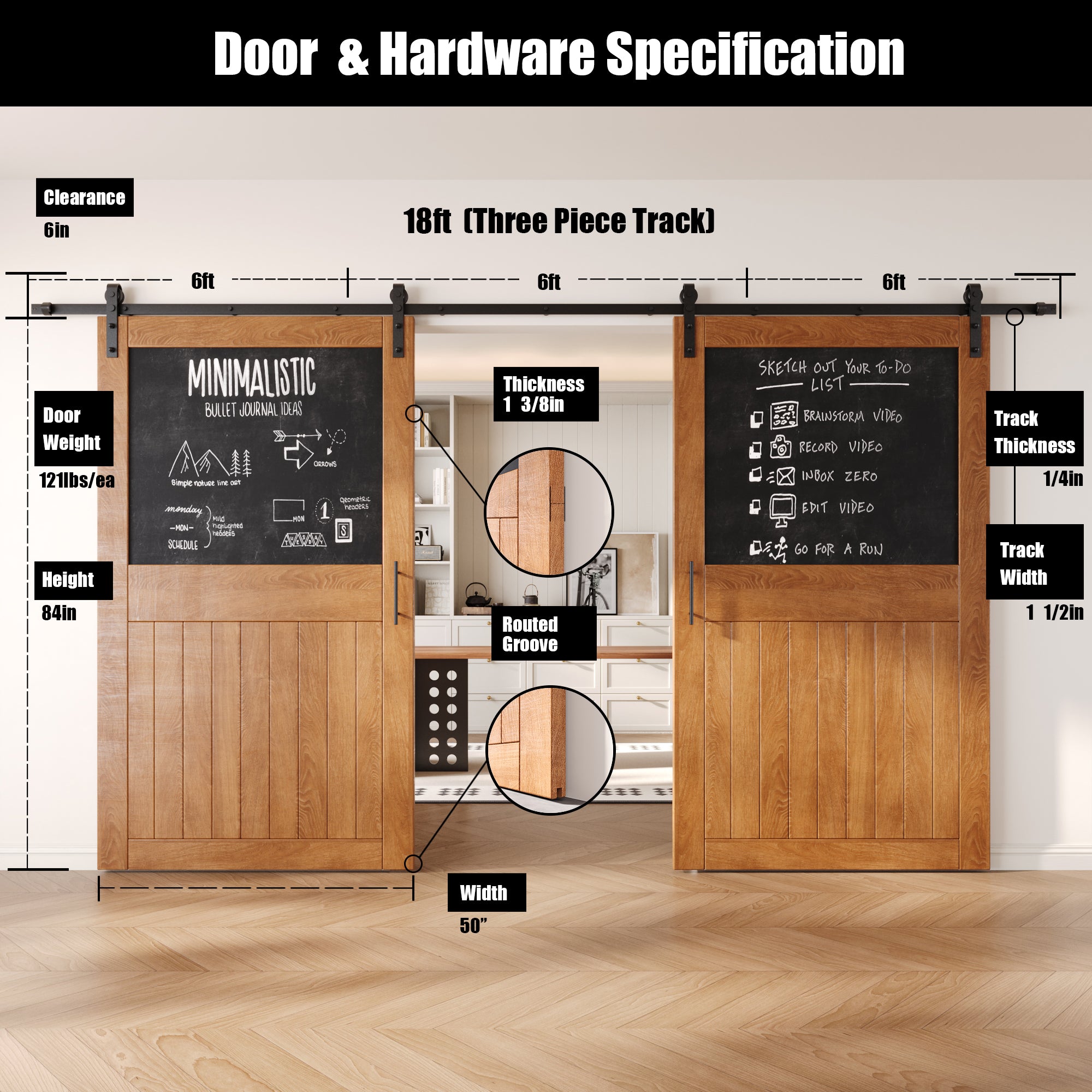 84" Height Early American Top Chalkboard Panel Double Unassembled & Finished Pine Wood Barn Doors with Non-Bypass Installation Hardware Kit (Interior Use Only)