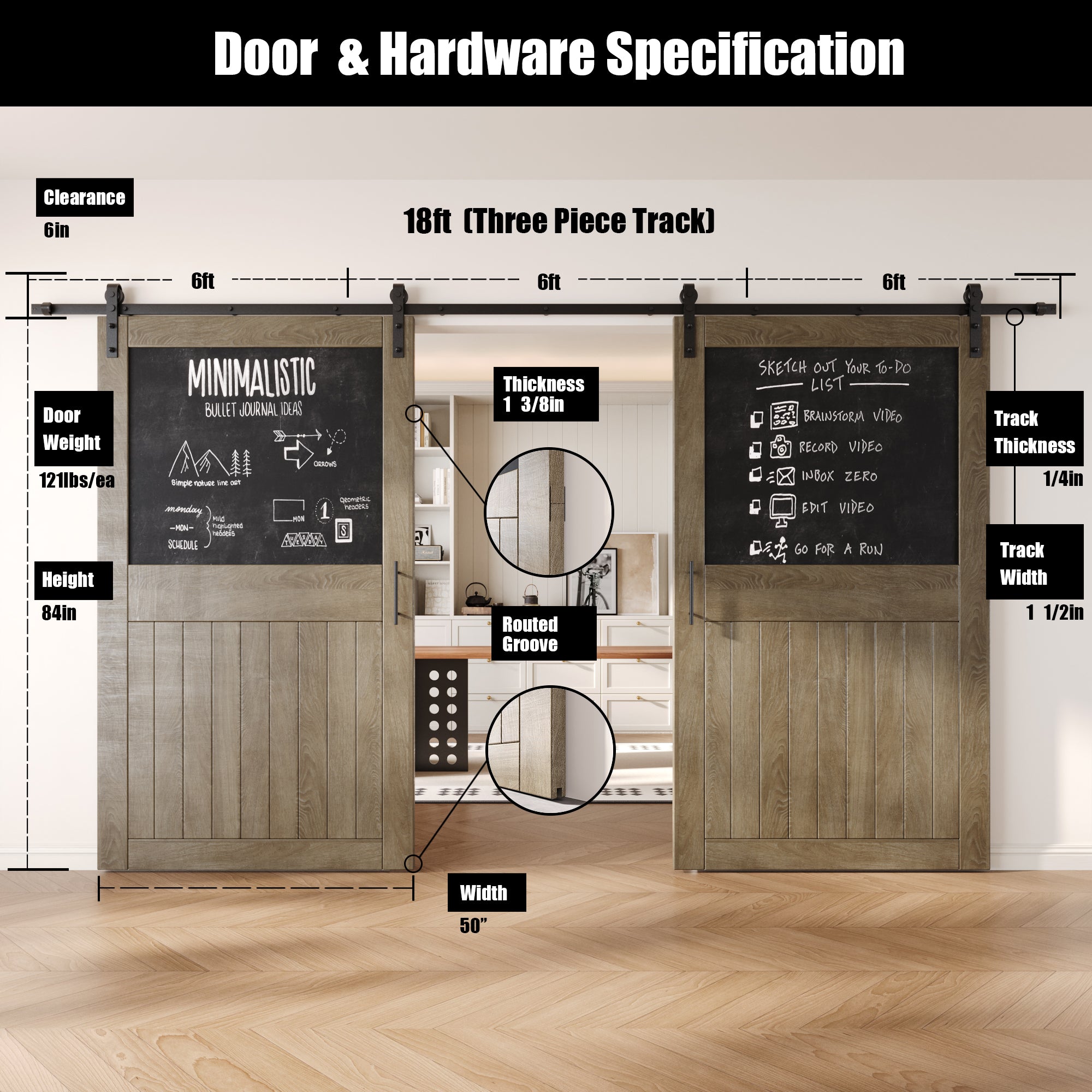 84" Height Classic Gray Top Chalkboard Panel Double Unassembled & Finished Pine Wood Barn Doors with Non-Bypass Installation Hardware Kit (Interior Use Only)