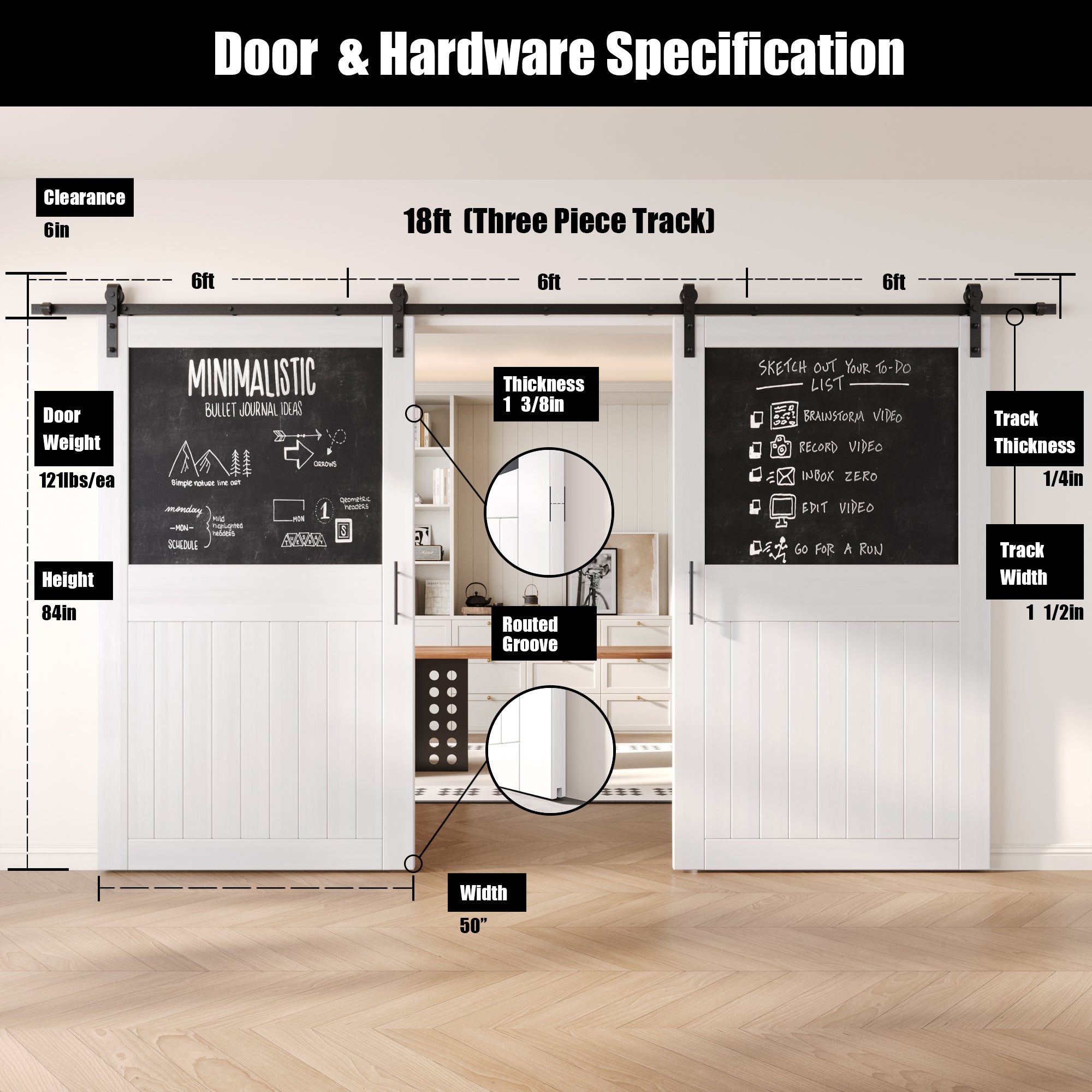 84" Height White Top Chalkboard Panel Double Unassembled & Finished Pine Wood Barn Doors with Non-Bypass Installation Hardware Kit (Interior Use Only)