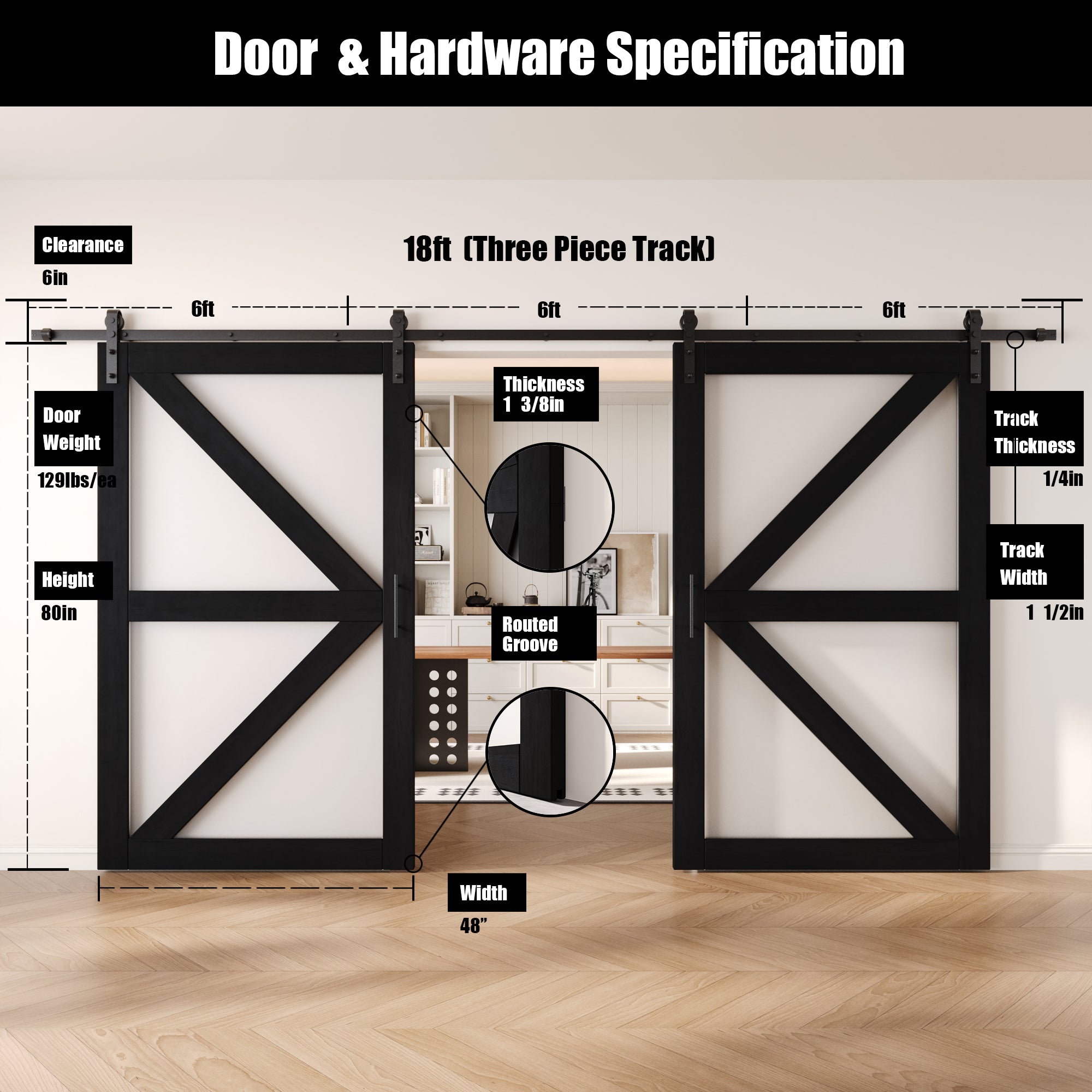 80" Height Black Frosted Glass Arrow Design Double Unassembled & Finished Pine Wood Barn Doors with Non-Bypass Installation Hardware Kit (Interior Use Only)