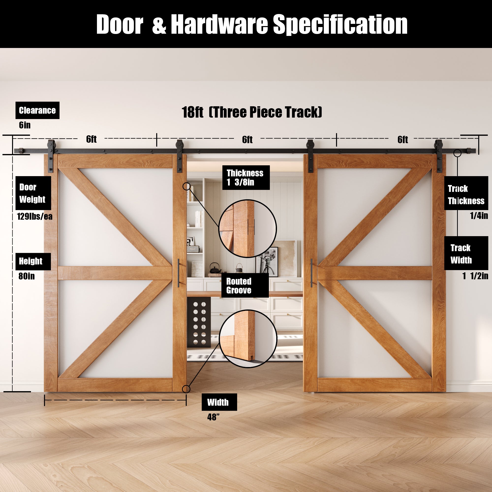 80" Height Early American Frosted Glass Arrow Design Double Unassembled & Finished Pine Wood Barn Doors with Non-Bypass Installation Hardware Kit (Interior Use Only)