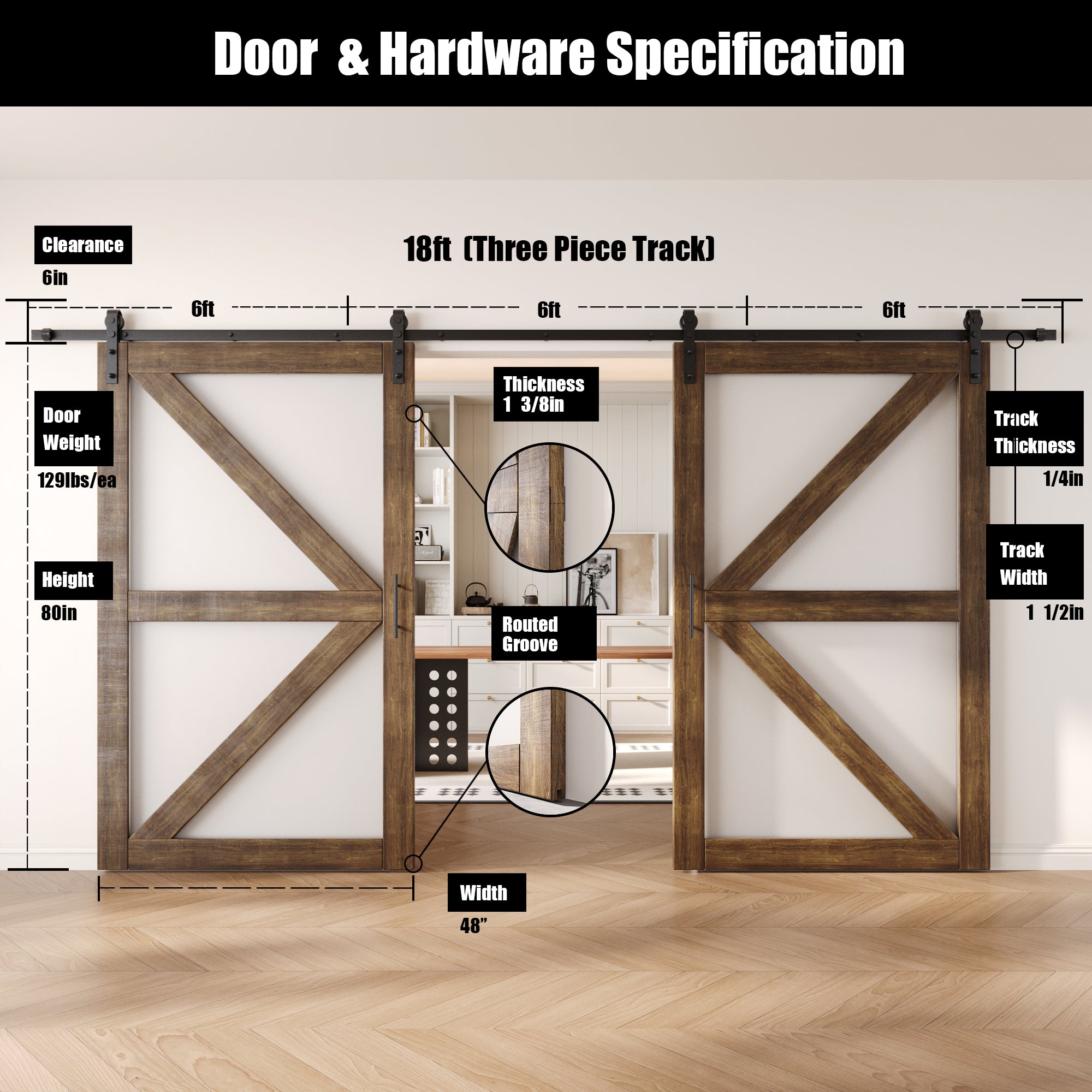 80" Height Dark Walnut Arrow Pattern Glass Double Unassembled & Finished Pine Wood Barn Doors with Non-Bypass Installation Hardware Kit (Interior Use Only)