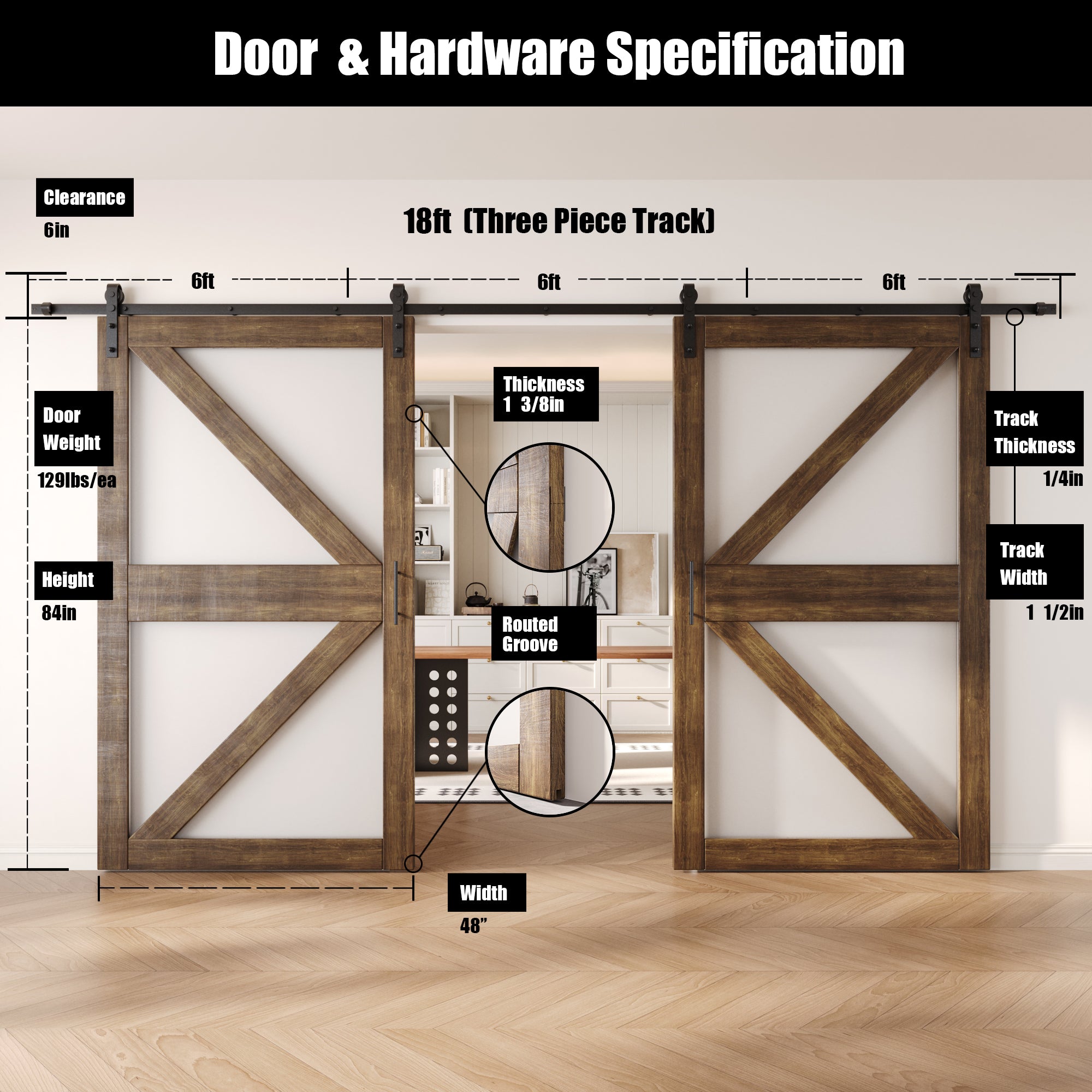 84" Height Dark Walnut Arrow Pattern Glass Double Unassembled & Finished Pine Wood Barn Doors with Non-Bypass Installation Hardware Kit (Interior Use Only)