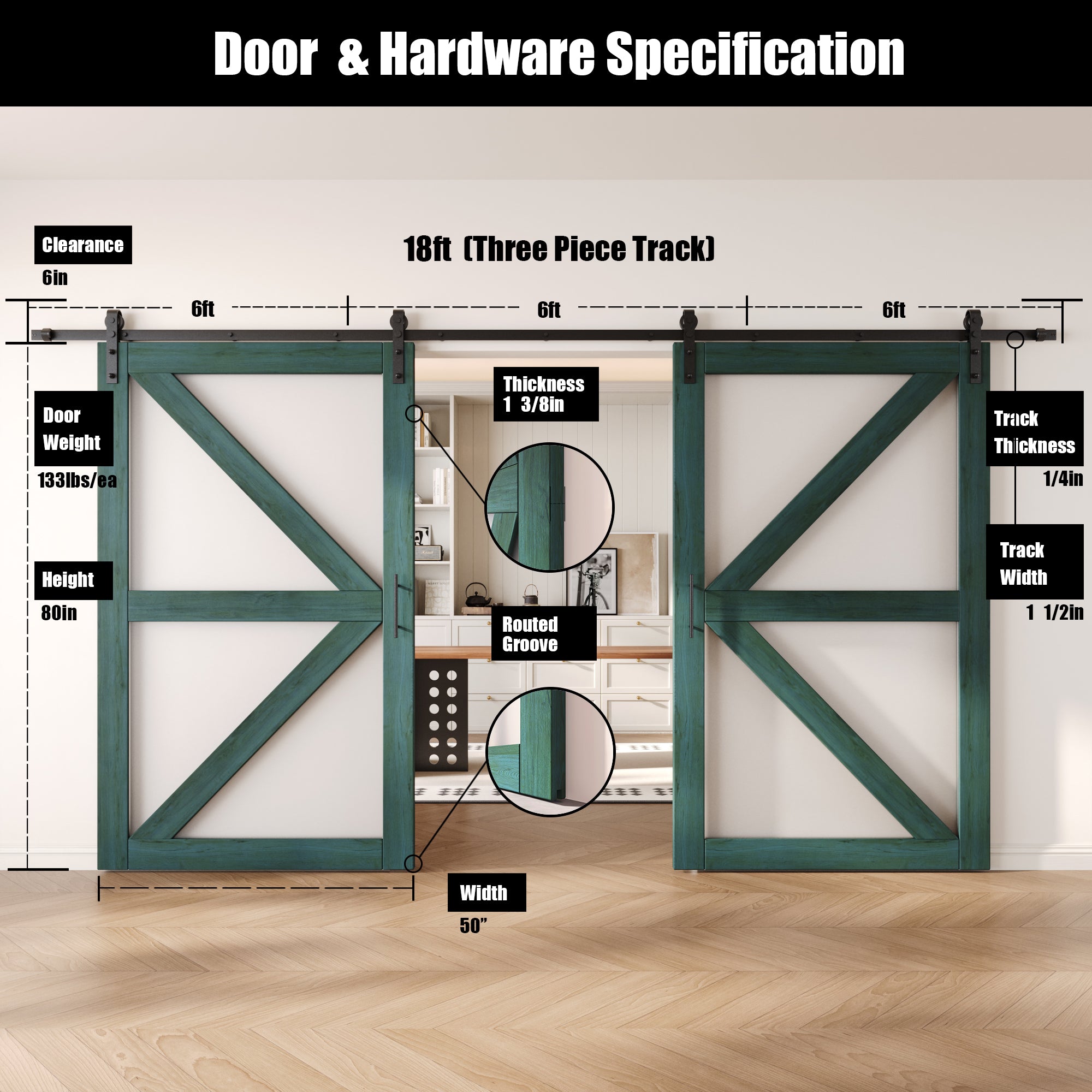 80" Height Royal Pine Arrow Pattern Glass Double Unassembled & Finished Pine Wood Barn Doors with Non-Bypass Installation Hardware Kit (Interior Use Only)