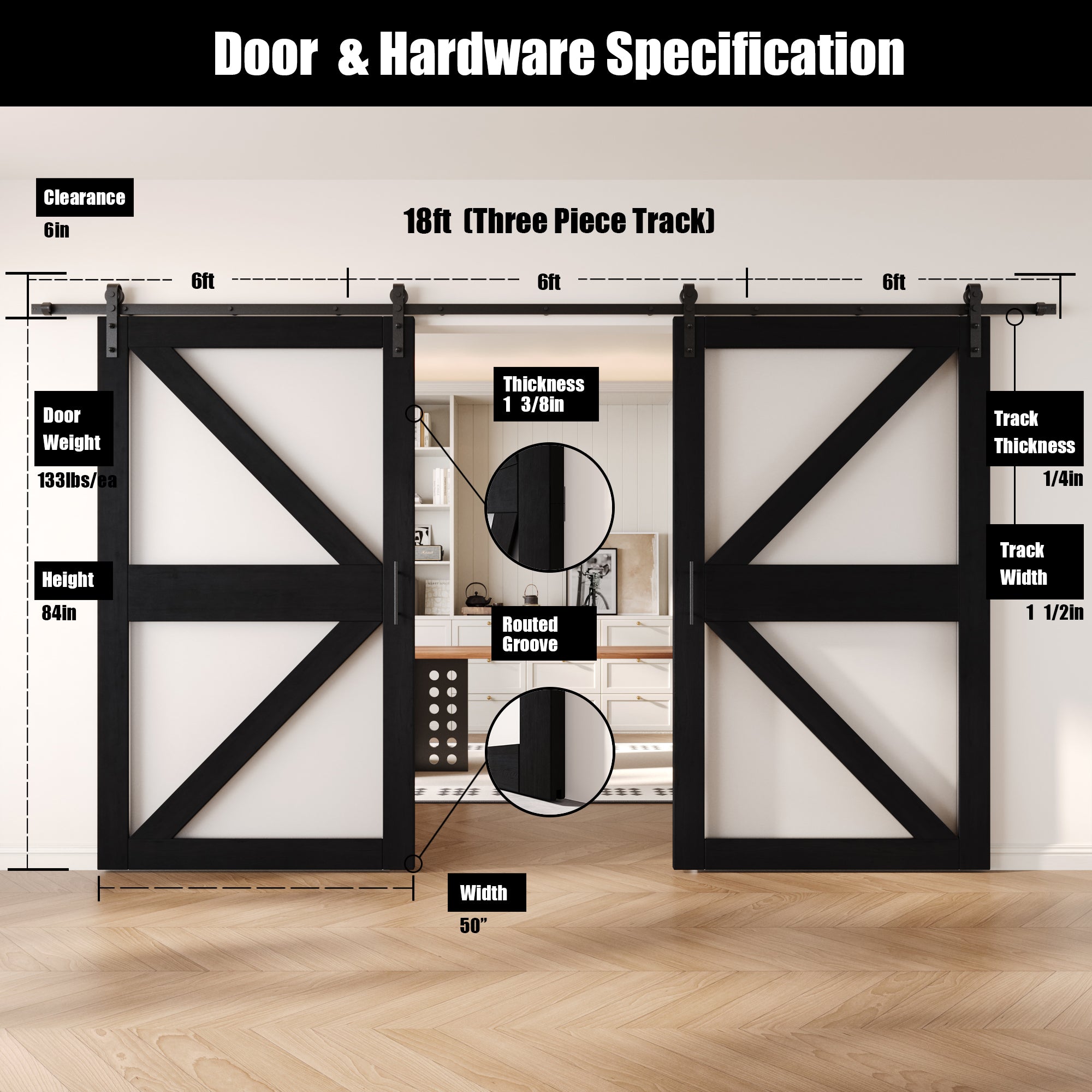 84" Height Black Frosted Glass Arrow Design Double Unassembled & Finished Pine Wood Barn Doors with Non-Bypass Installation Hardware Kit (Interior Use Only)