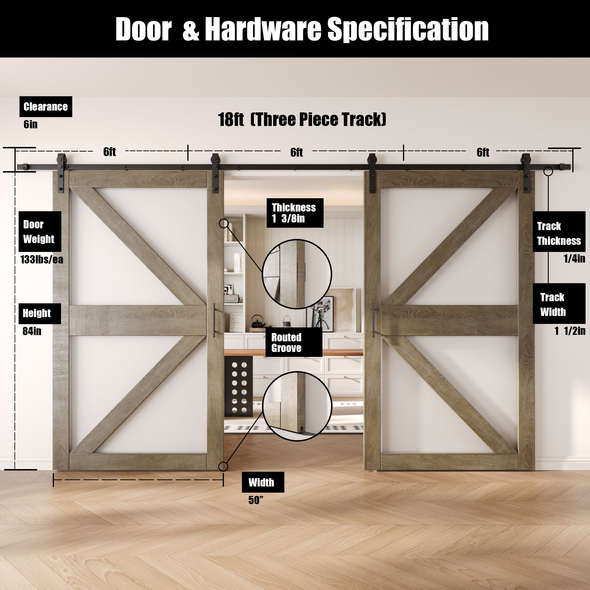 84" Height Classic Gray Arrow Pattern Glass Double Unassembled & Finished Pine Wood Barn Doors with Non-Bypass Installation Hardware Kit (Interior Use Only)