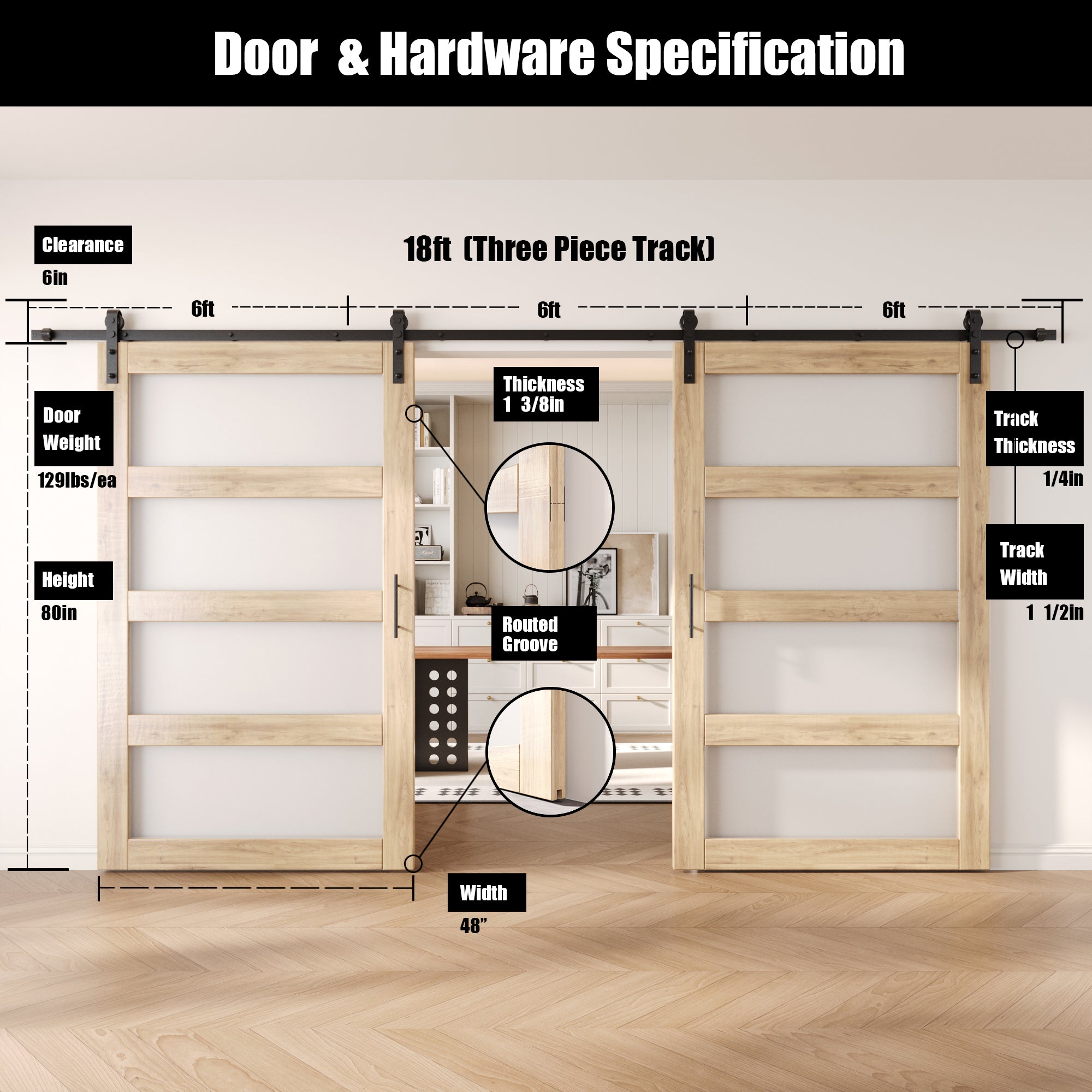 80" Height 4-Lite Frosted Glass Double Unassembled & Unfinished Pine Wood Barn Doors with Non-Bypass Installation Hardware Kit (Interior Use Only)