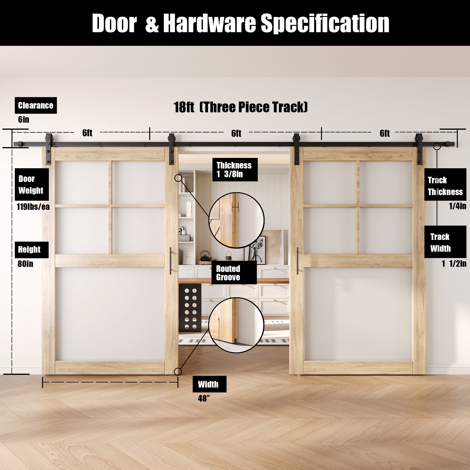 80" Height 5-Lite Frosted Glass Double Unassembled & Unfinished Pine Wood Barn Doors with Non-Bypass Installation Hardware Kit (Interior Use Only)