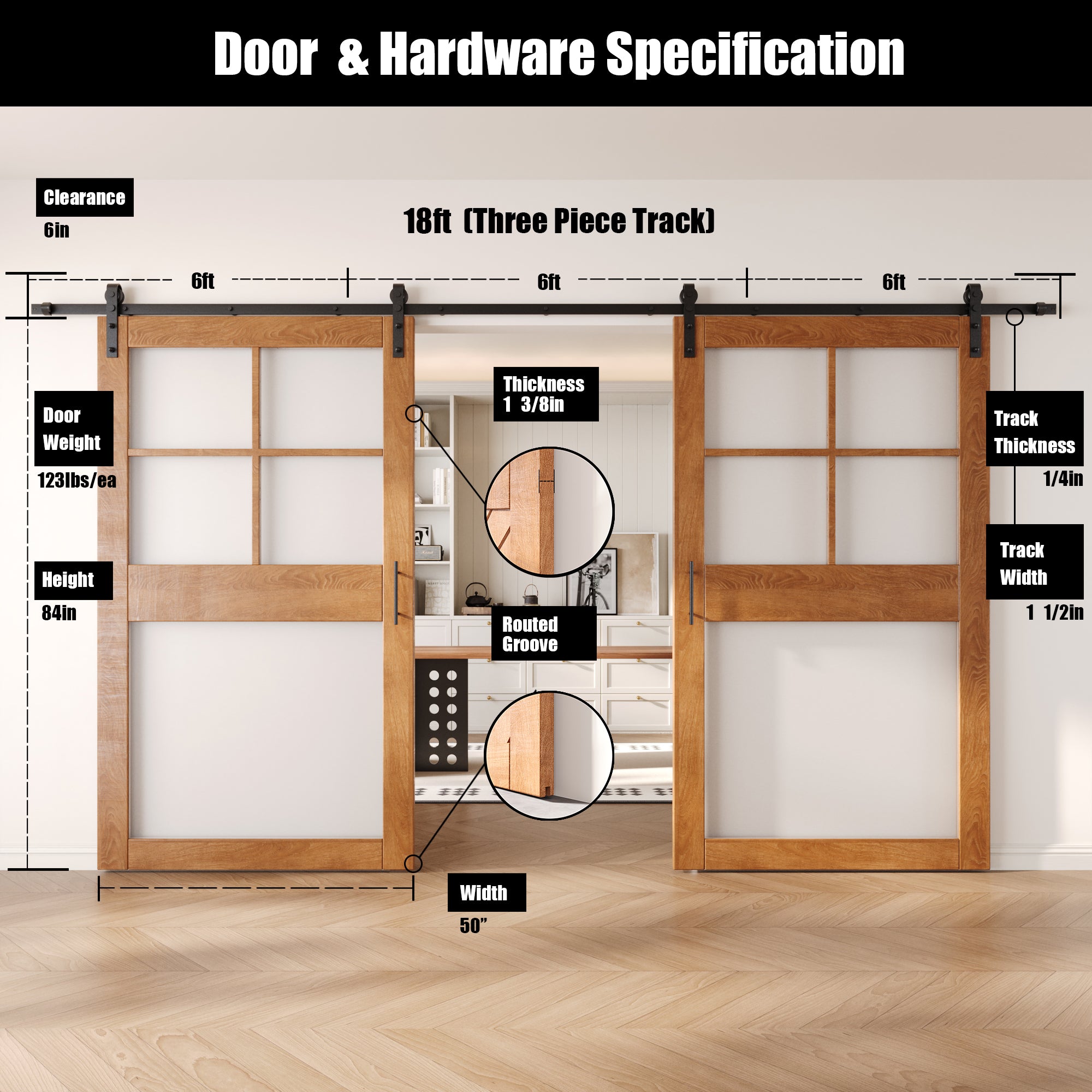 84" Height Early American 5-Lite Frosted Glass Double Unassembled & Finished Pine Wood Barn Doors with Non-Bypass Installation Hardware Kit (Interior Use Only)