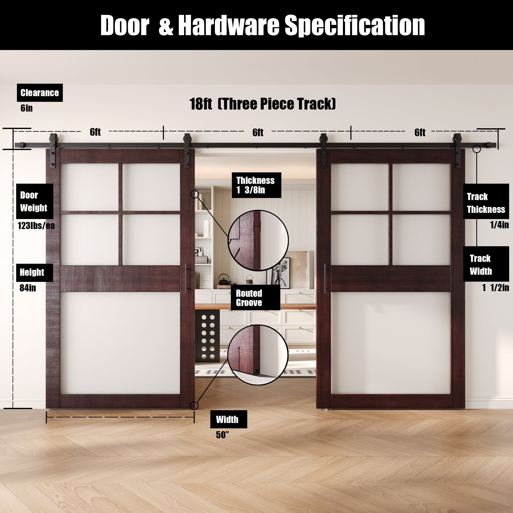 84" Height Red Mahogany 5-Lite Frosted Glass Double Unassembled & Finished Pine Wood Barn Doors with Non-Bypass Installation Hardware Kit (Interior Use Only)
