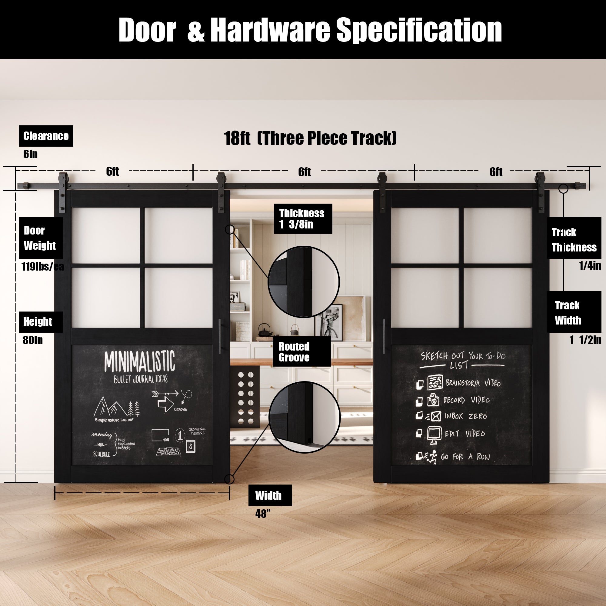 80" Height Black Half Lite Chalkboard Double Unassembled & Finished Pine Wood Barn Doors with Non-Bypass Installation Hardware Kit (Interior Use Only)