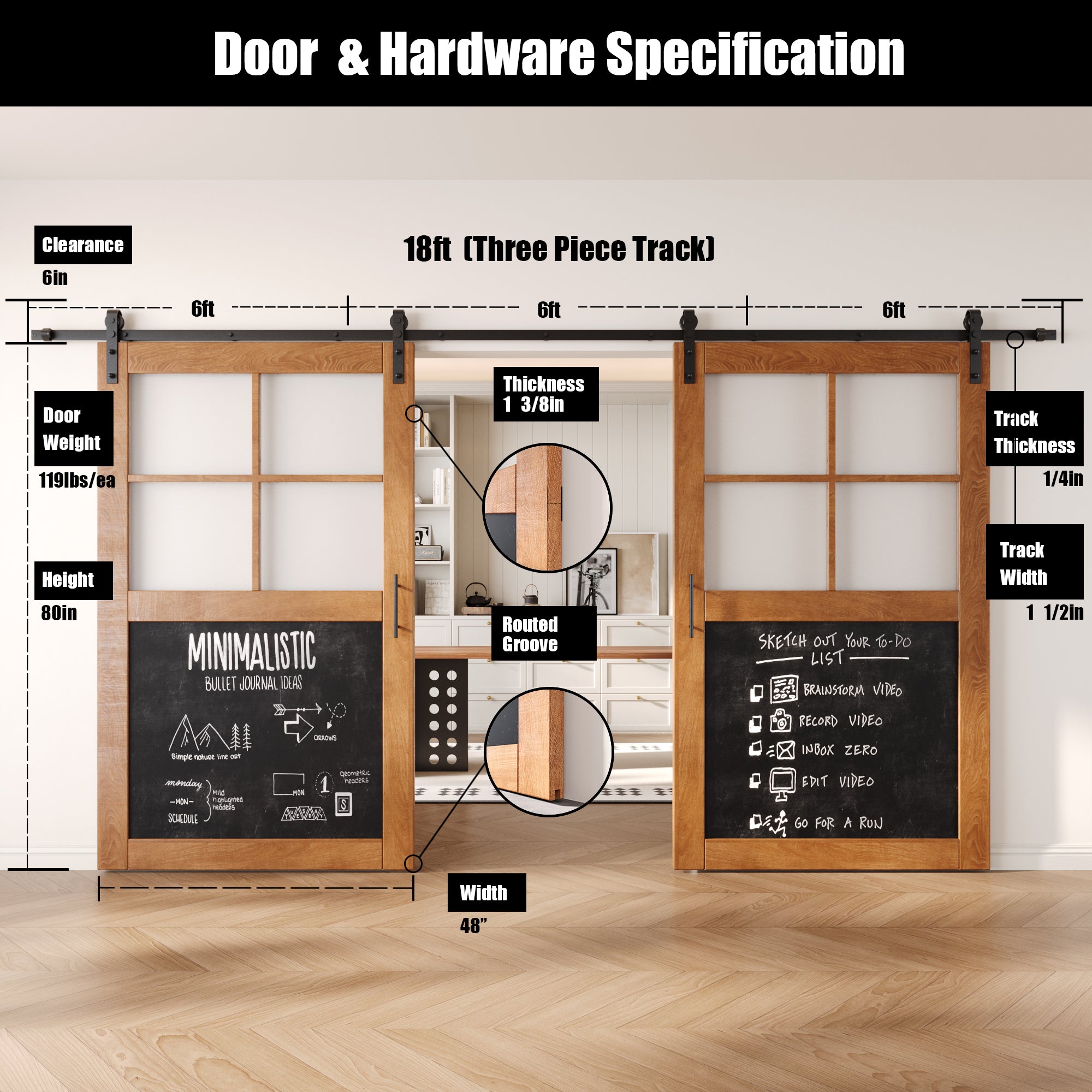80" Height Half Lite Early American Chalkboard Double Unassembled & Finished Pine Wood Barn Doors with Non-Bypass Installation Hardware Kit (Interior Use Only)