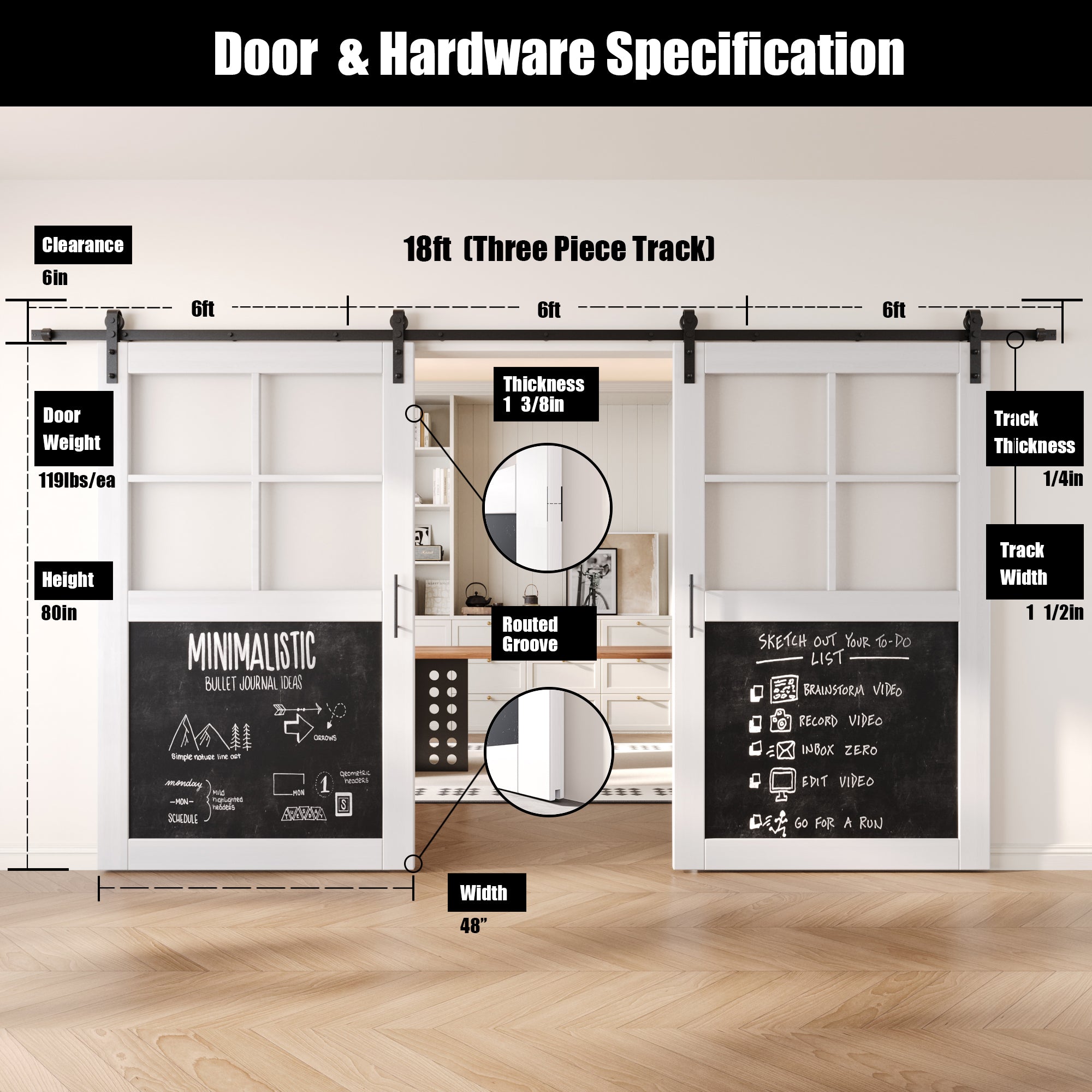 80" Height Half Lite White Chalkboard Double Unassembled & Finished Pine Wood Barn Doors with Non-Bypass Installation Hardware Kit (Interior Use Only)