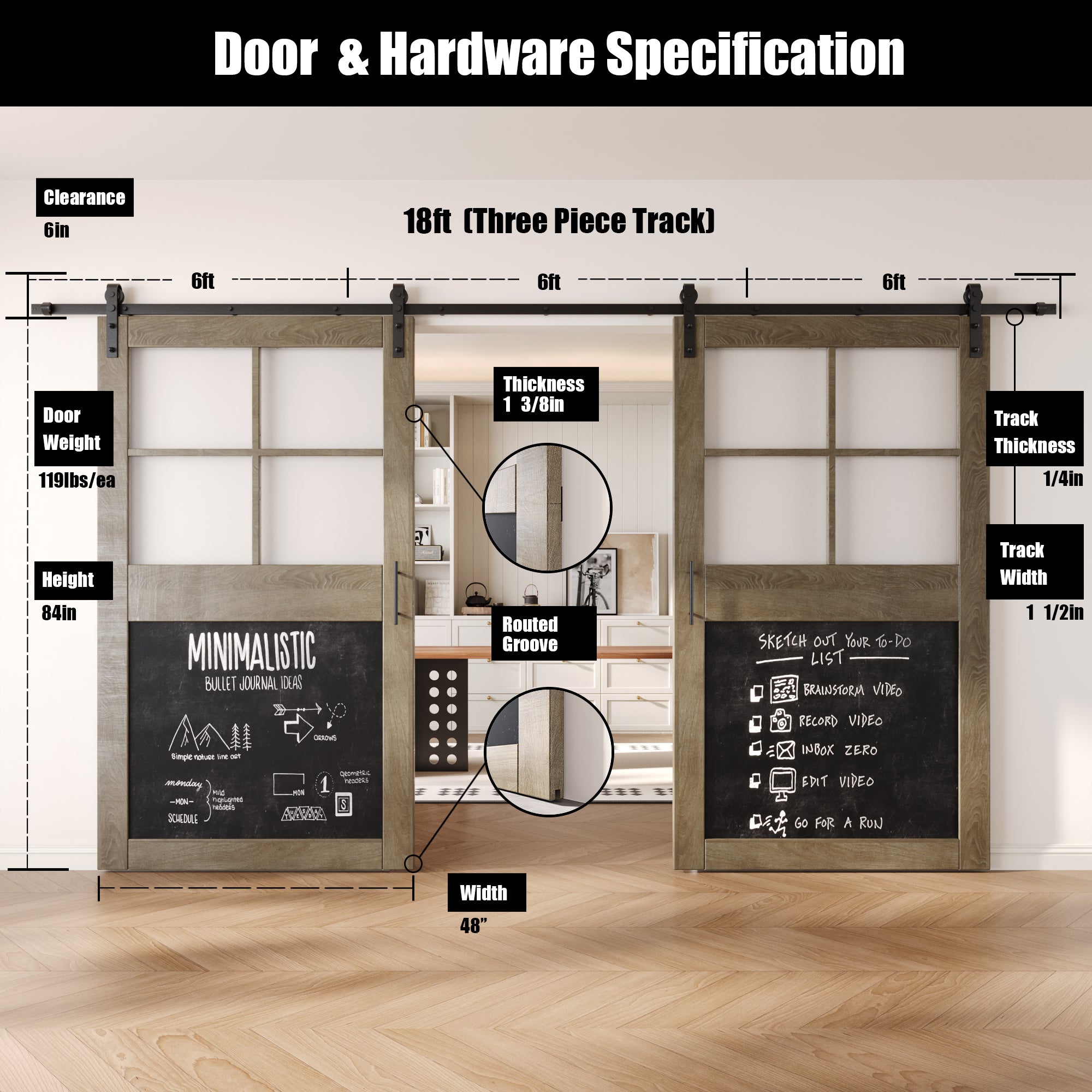 84" Height Classic Gray Half Lite Chalkboard Double Unassembled & Finished Pine Wood Barn Doors with Non-Bypass Installation Hardware Kit (Interior Use Only)