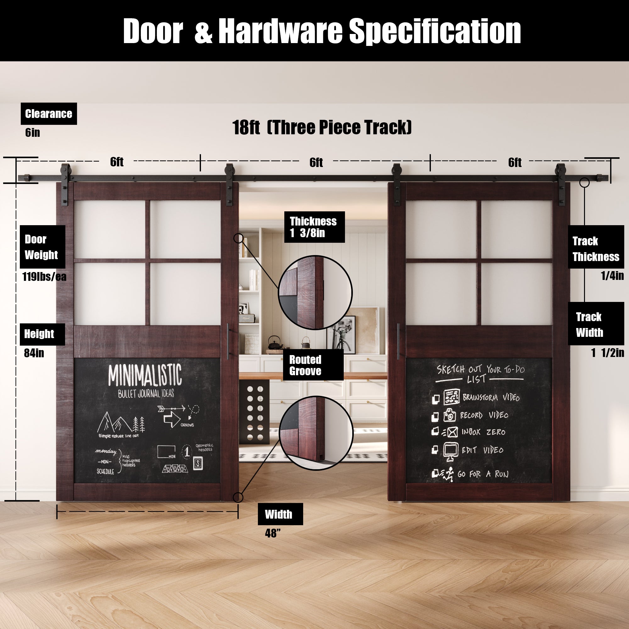 84" Height Red Mahogany Half Lite Chalkboard Double Unassembled & Finished Pine Wood Barn Doors with Non-Bypass Installation Hardware Kit (Interior Use Only)
