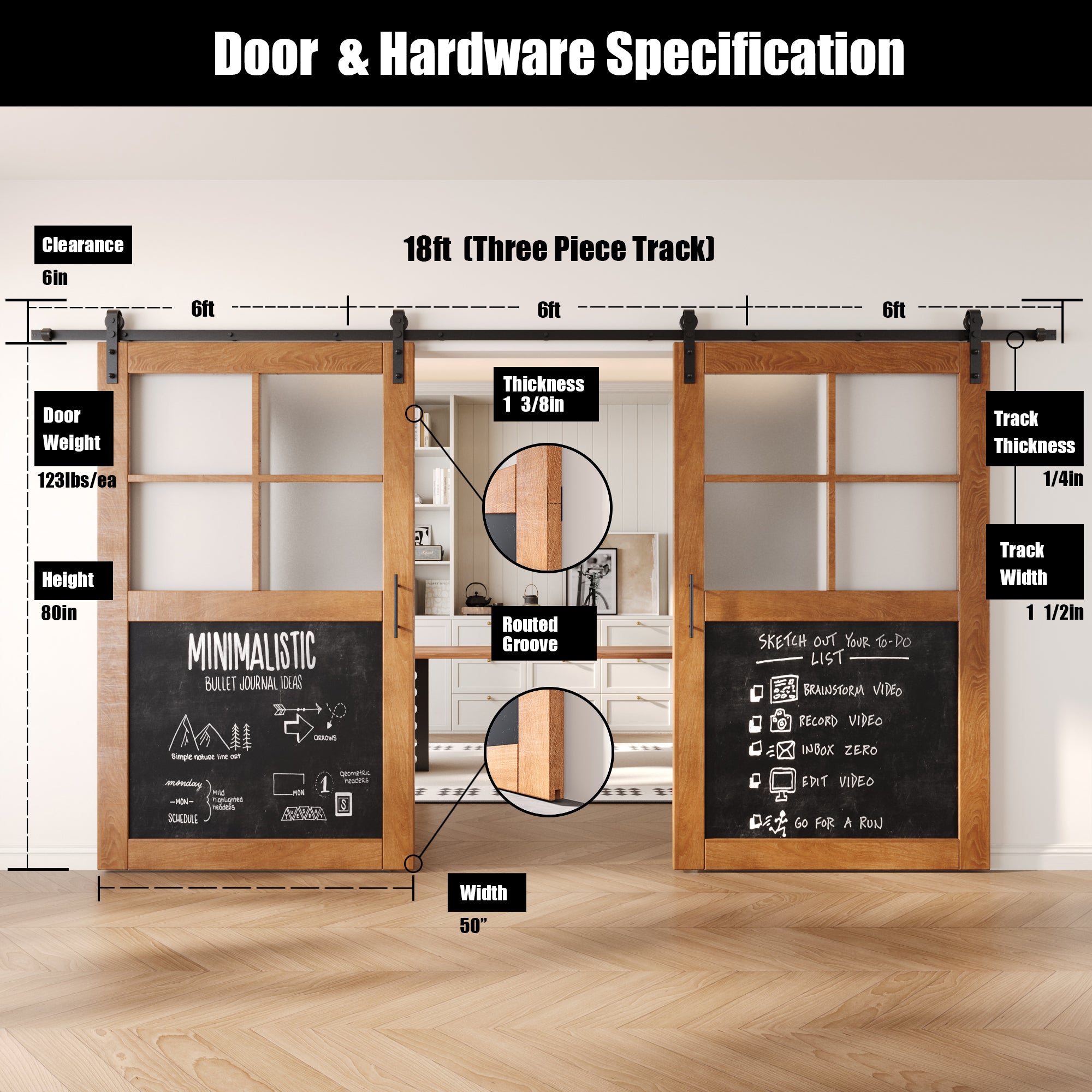 80" Height Half Lite Early American Chalkboard Double Unassembled & Finished Pine Wood Barn Doors with Non-Bypass Installation Hardware Kit (Interior Use Only)