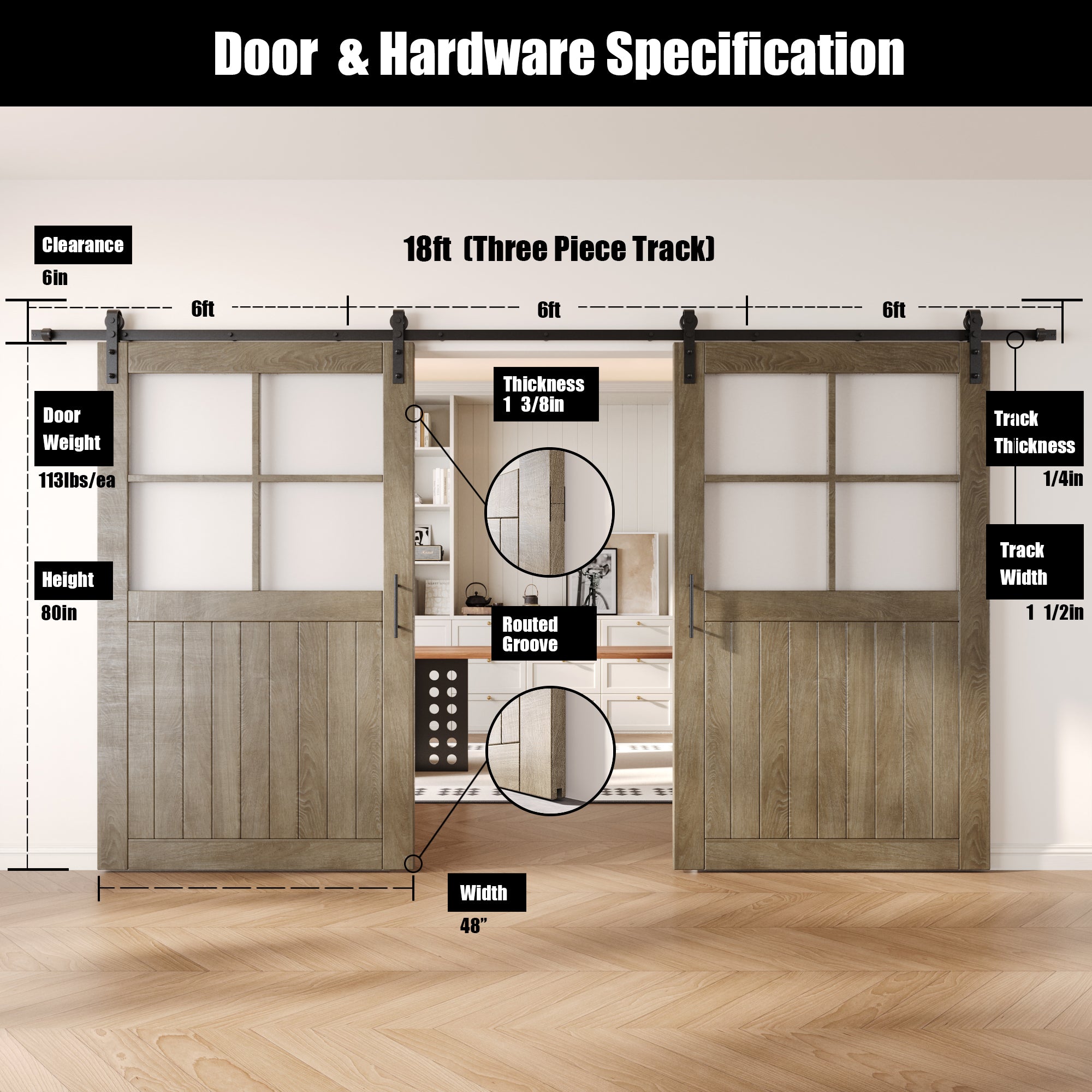 80" Height Classic Gray Half Lite Grid Glass Double Unassembled & Finished Pine Wood Barn Doors with Non-Bypass Installation Hardware Kit (Interior Use Only)