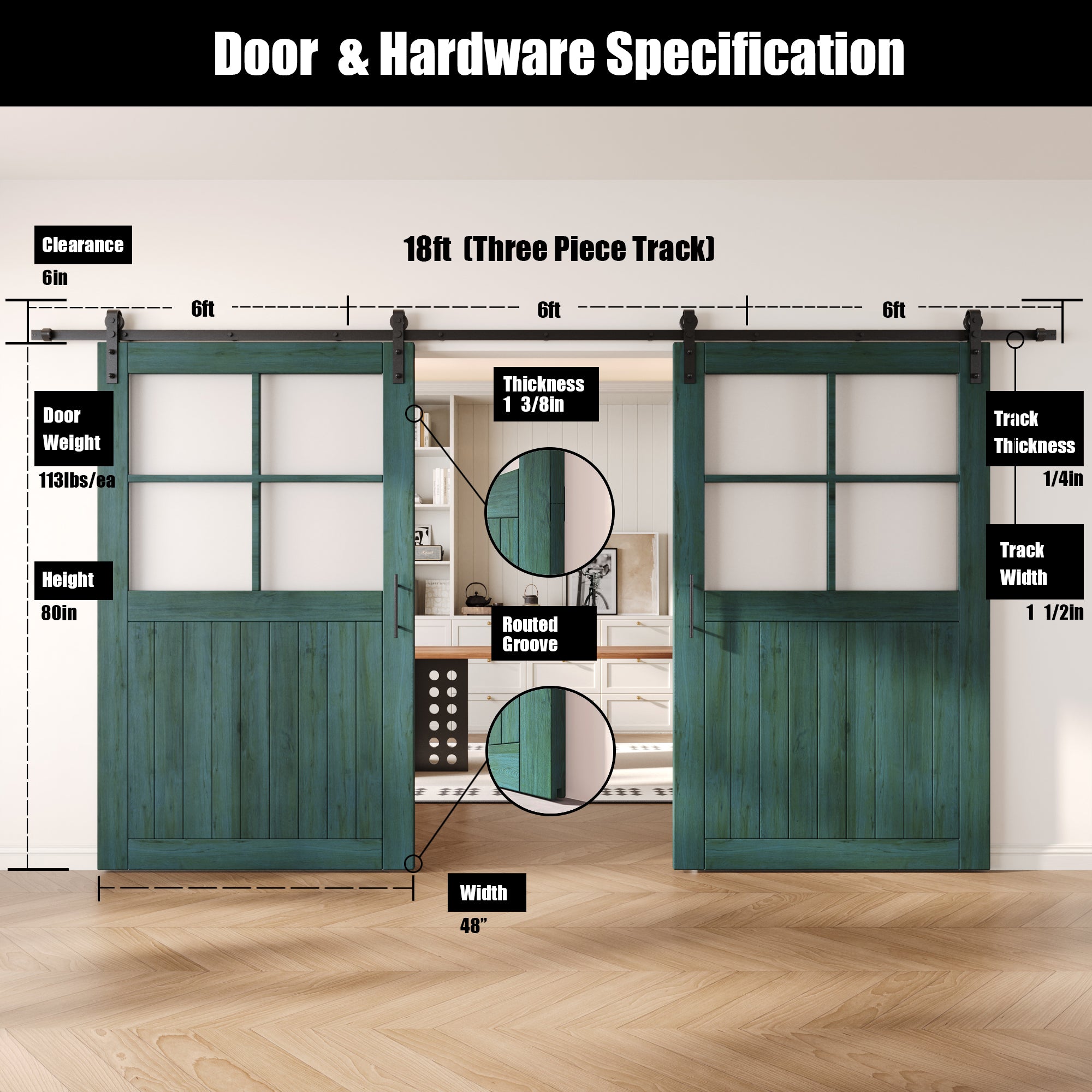 80" Height Royal Pine Half Lite Grid Glass Double Unassembled & Finished Pine Wood Barn Doors with Non-Bypass Installation Hardware Kit (Interior Use Only)