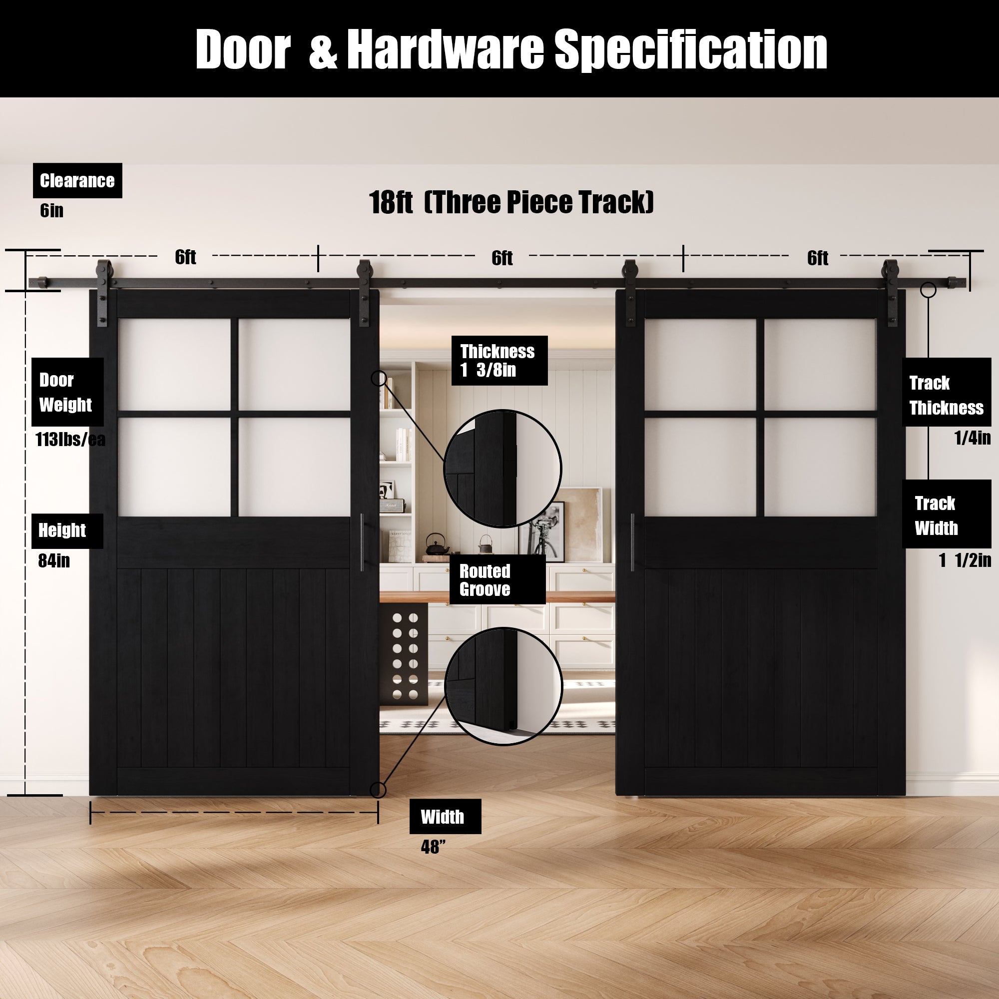 84" Height Black Half Lite Grid Glass Double Unassembled & Finished Pine Wood Barn Doors with Non-Bypass Installation Hardware Kit (Interior Use Only)